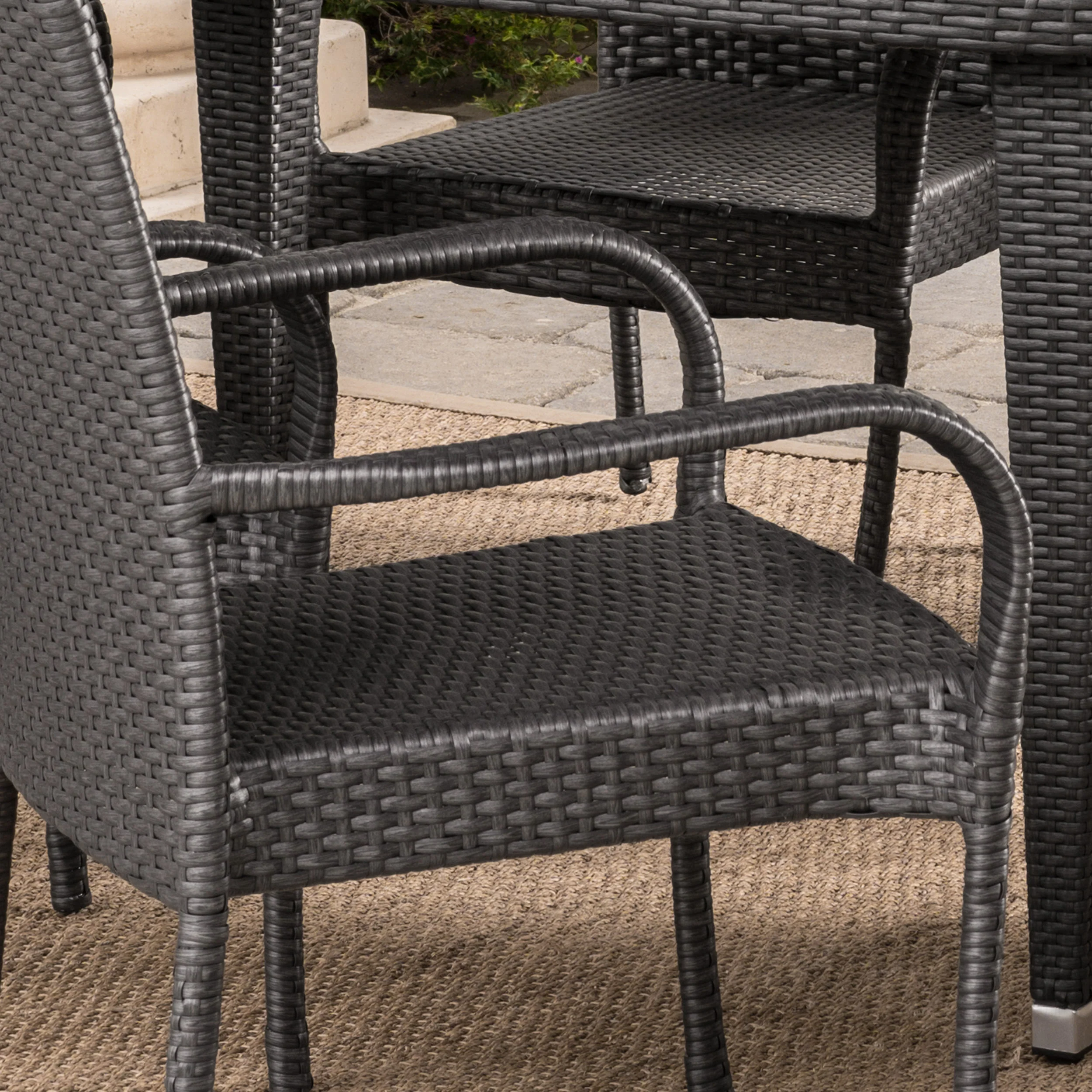 Sola Outdoor 7 Piece Gray Wicker Oval Dining Set with Stacking Chairs - furnishings
