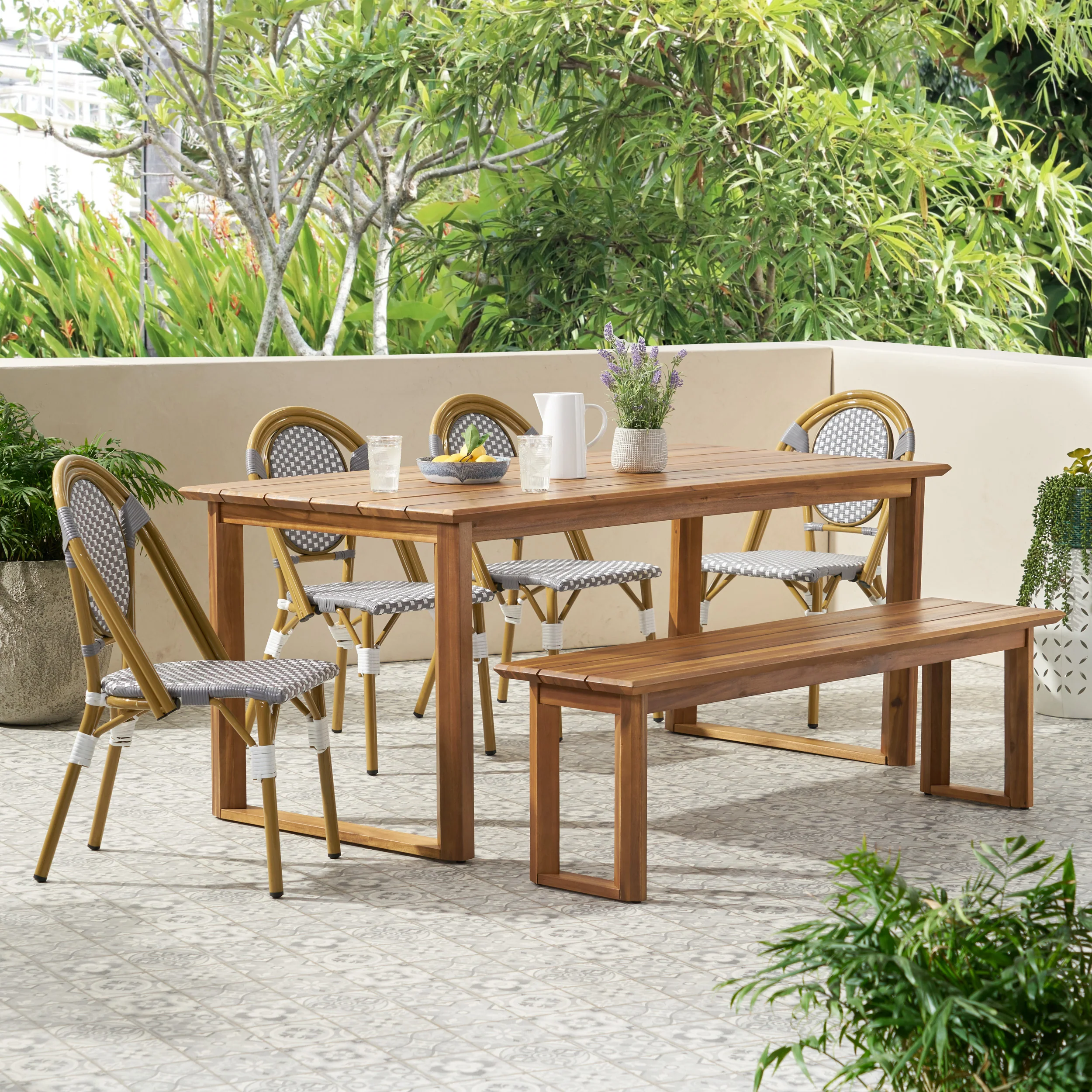 Varva Outdoor Acacia Wood and Wicker 6 Piece Dining Set with Bench - furnishings