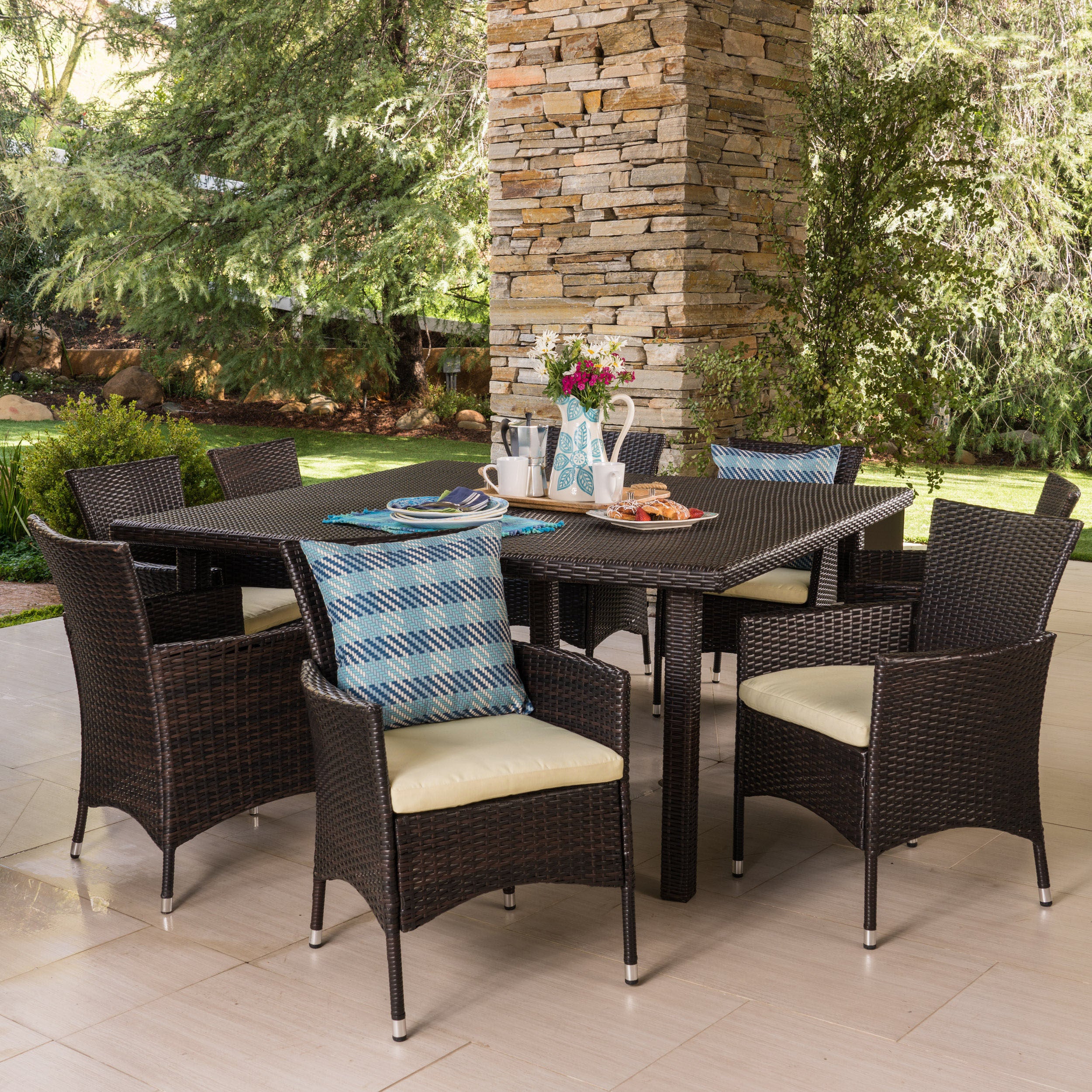 Danae Outdoor 9 Piece Multi-brown Wicker Square Dining Set - furnishings