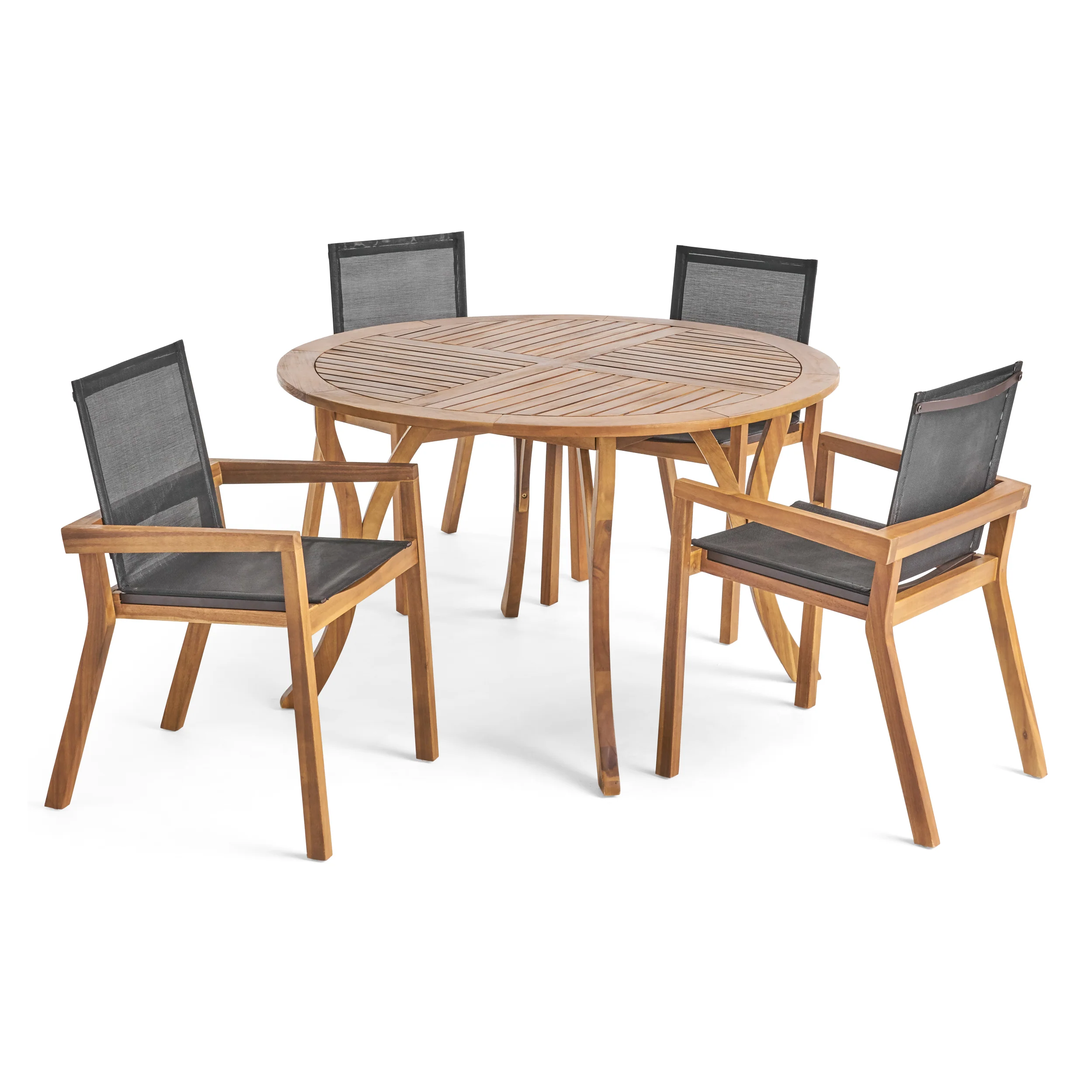 Spencer Outdoor Acacia Wood 5 Piece Round Dining Set with Mesh Seats - furnishings