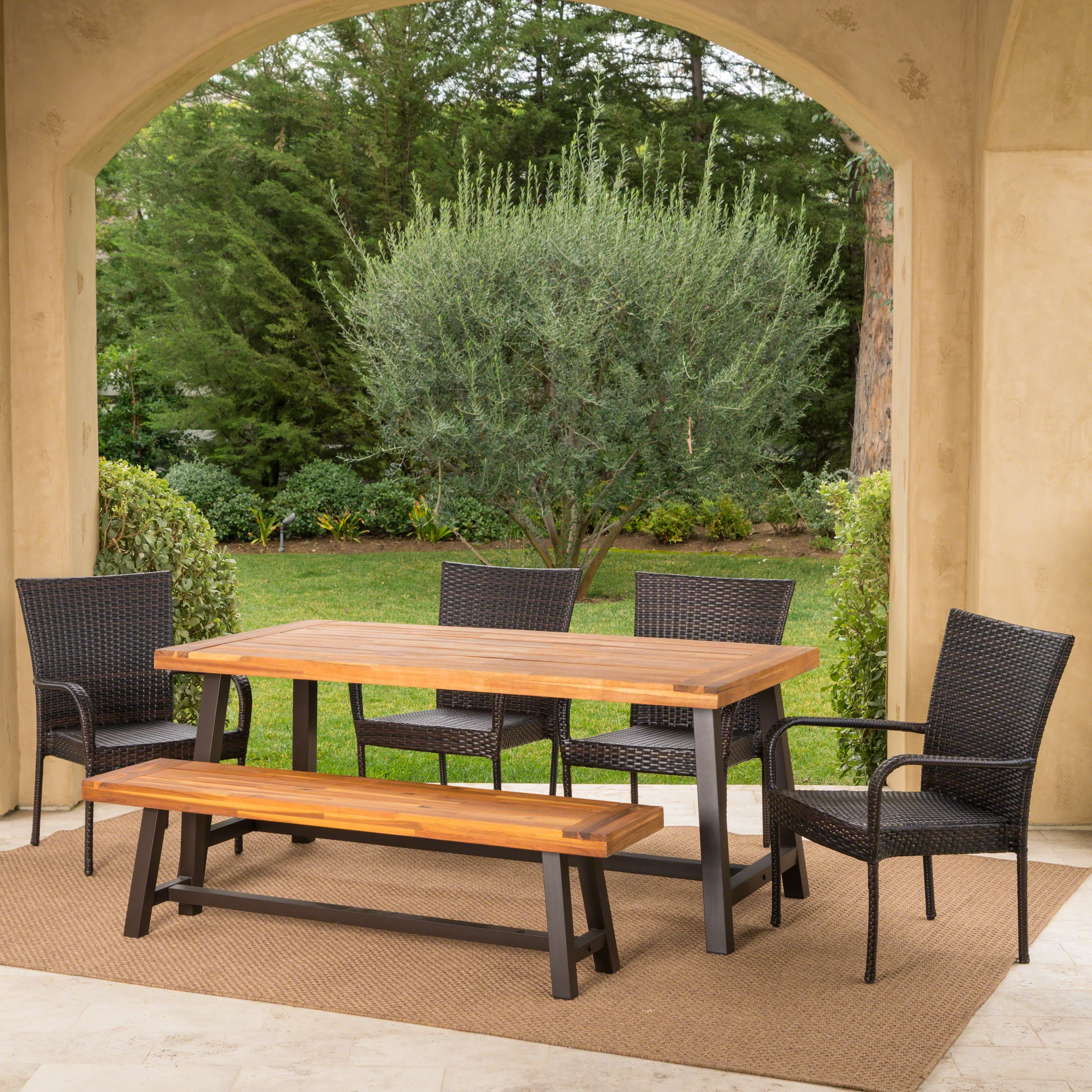 Luminous Outdoor 6 Piece Iron and Acacia Wood Dining Set with Wicker Stacking Chairs - furnishings