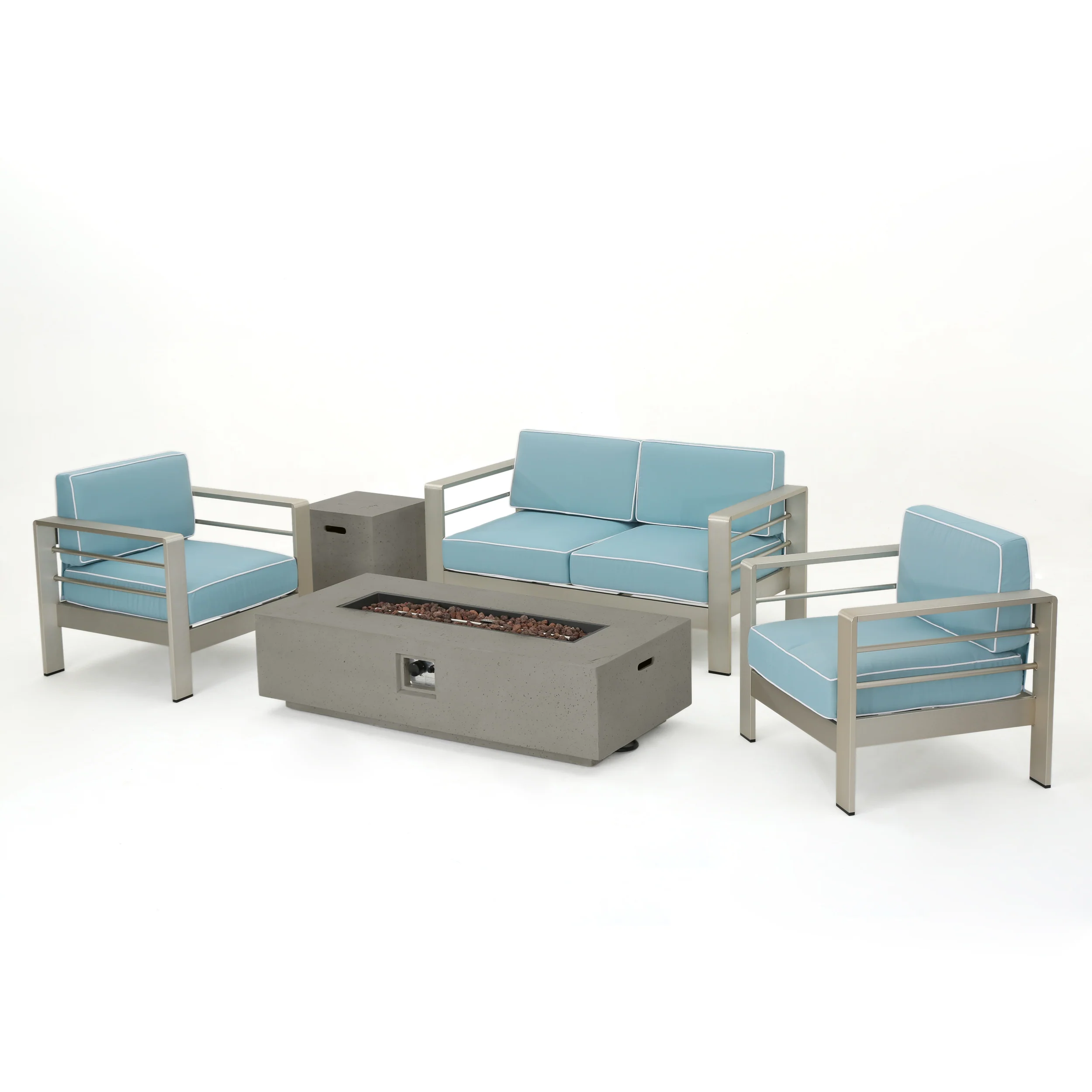 Crested Bay 5 Piece Aluminum Chat Set with Water Resistant Cushions and Fire Pit - furnishings