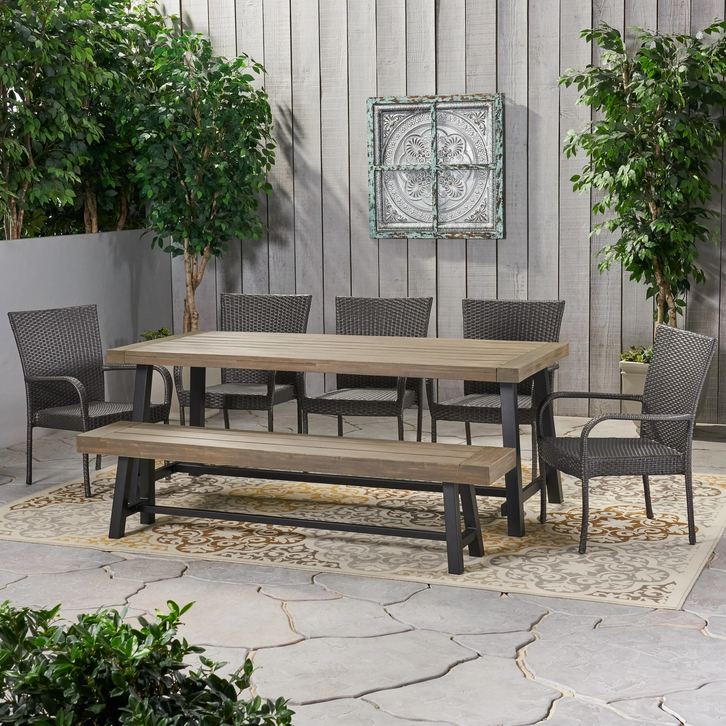 Gryphon Outdoor Rustic Acacia Wood 8 Seater Dining Set with Dining Bench - furnishings