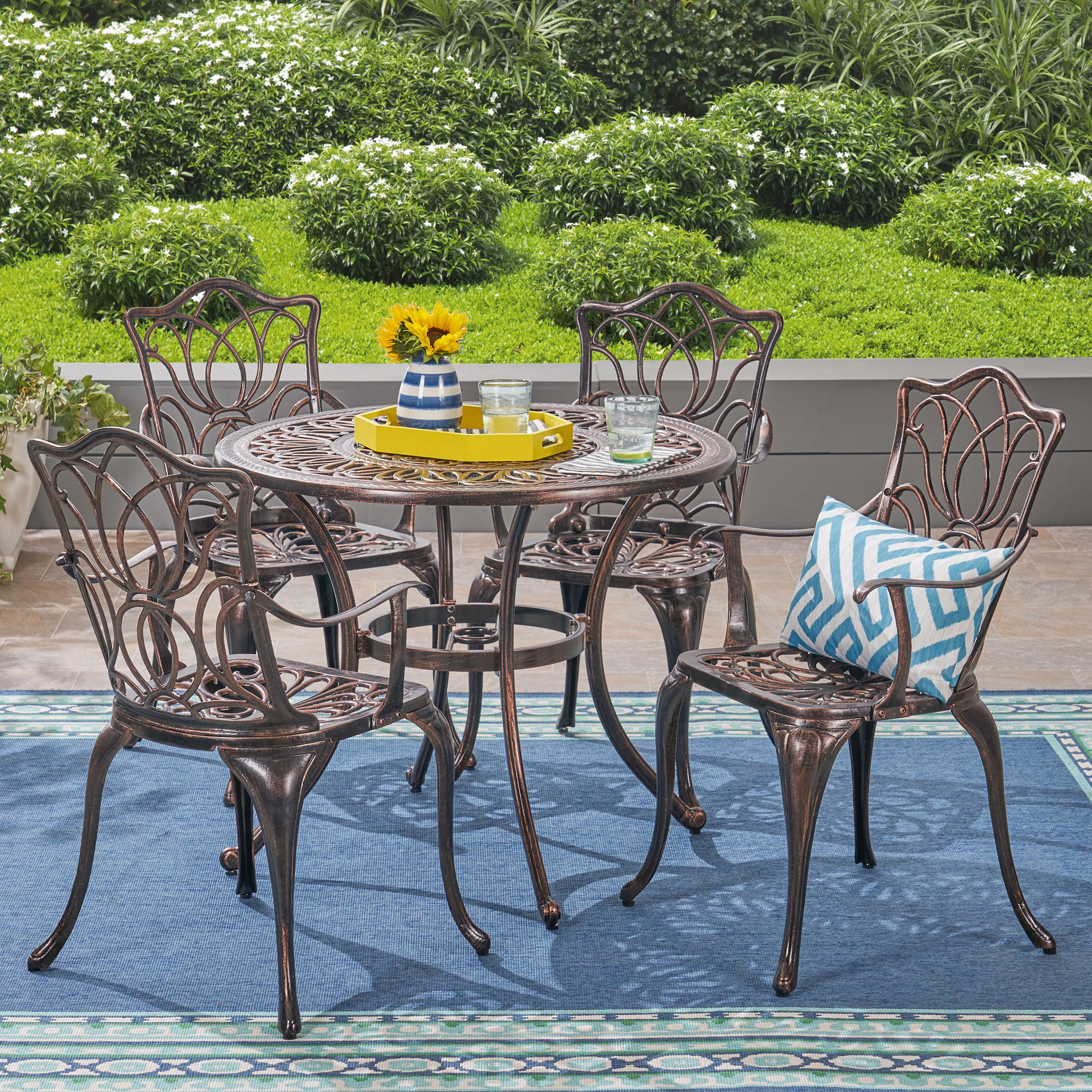 Barbara Outdoor 4-Seater Cast Aluminum Round-Table Dining Set, Shiny Copper - furnishings