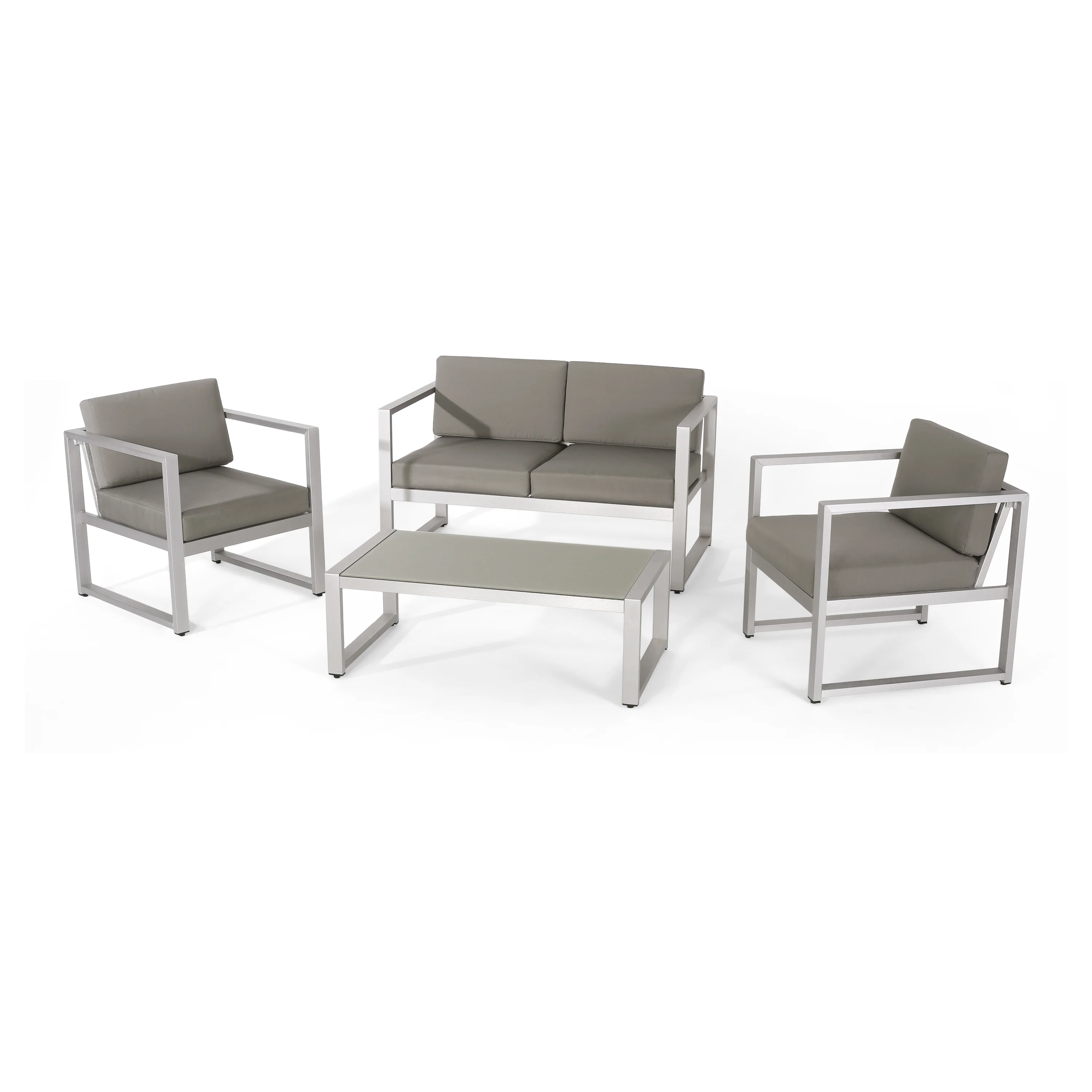 Noah Outdoor 4 Piece Silver Rust-Proof Aluminum Chat Set with Gray Water Resistant Cushions - furnishings