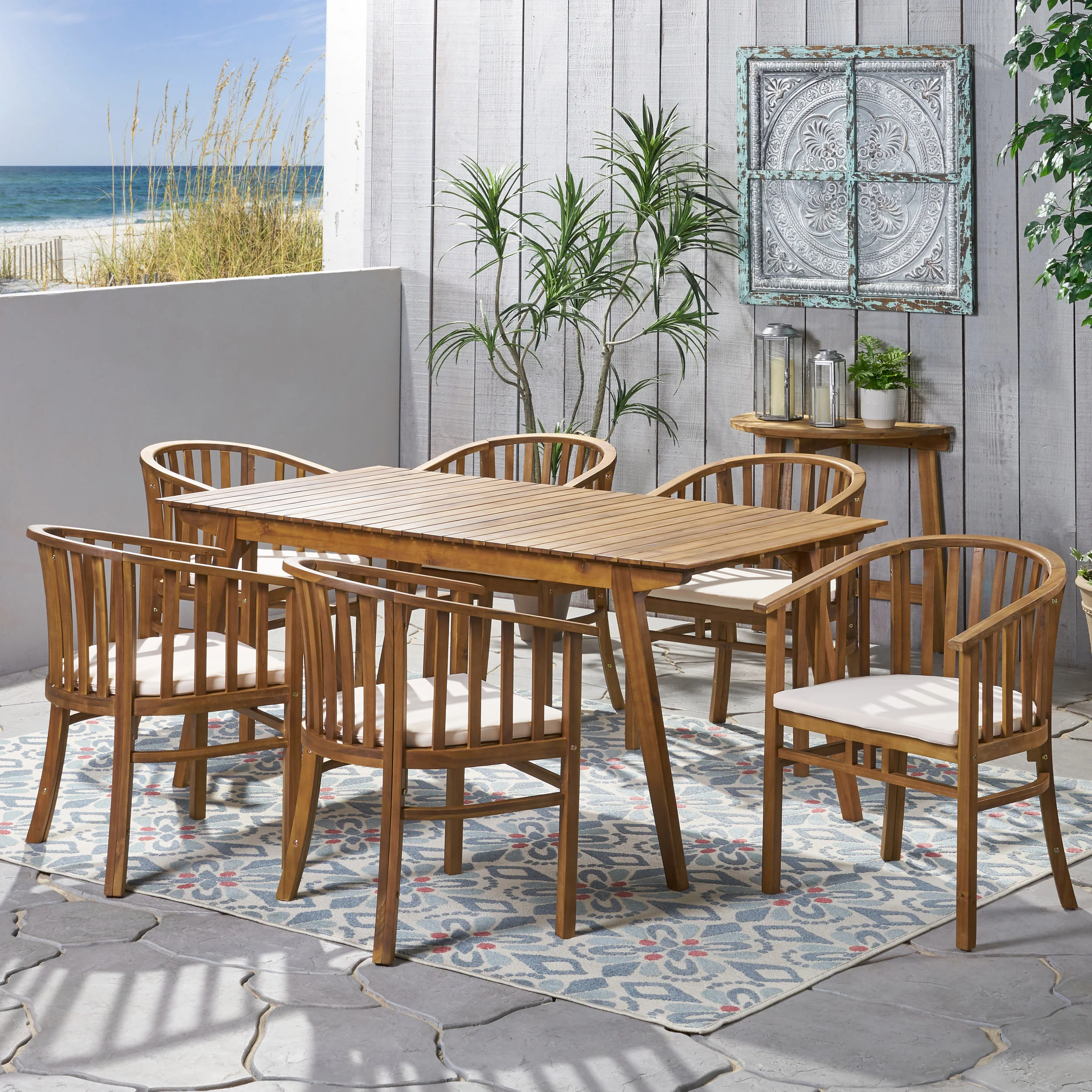 Rosin Outdoor Expandable 6 Seater Acacia Wood Dining Set - furnishings