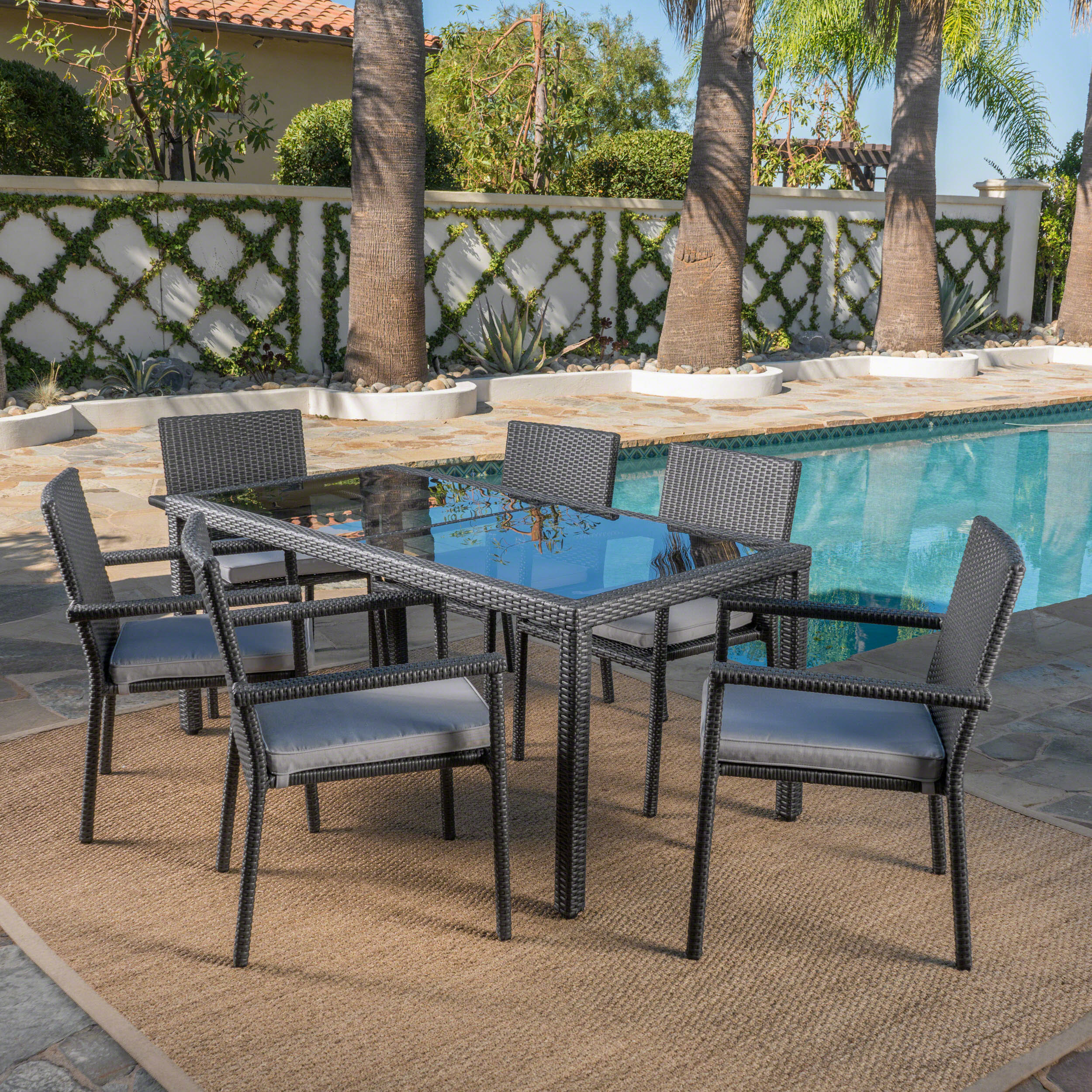 San Simeon Outdoor 7 Piece Wicker Dining Set with Water Resistant Cushions - furnishings