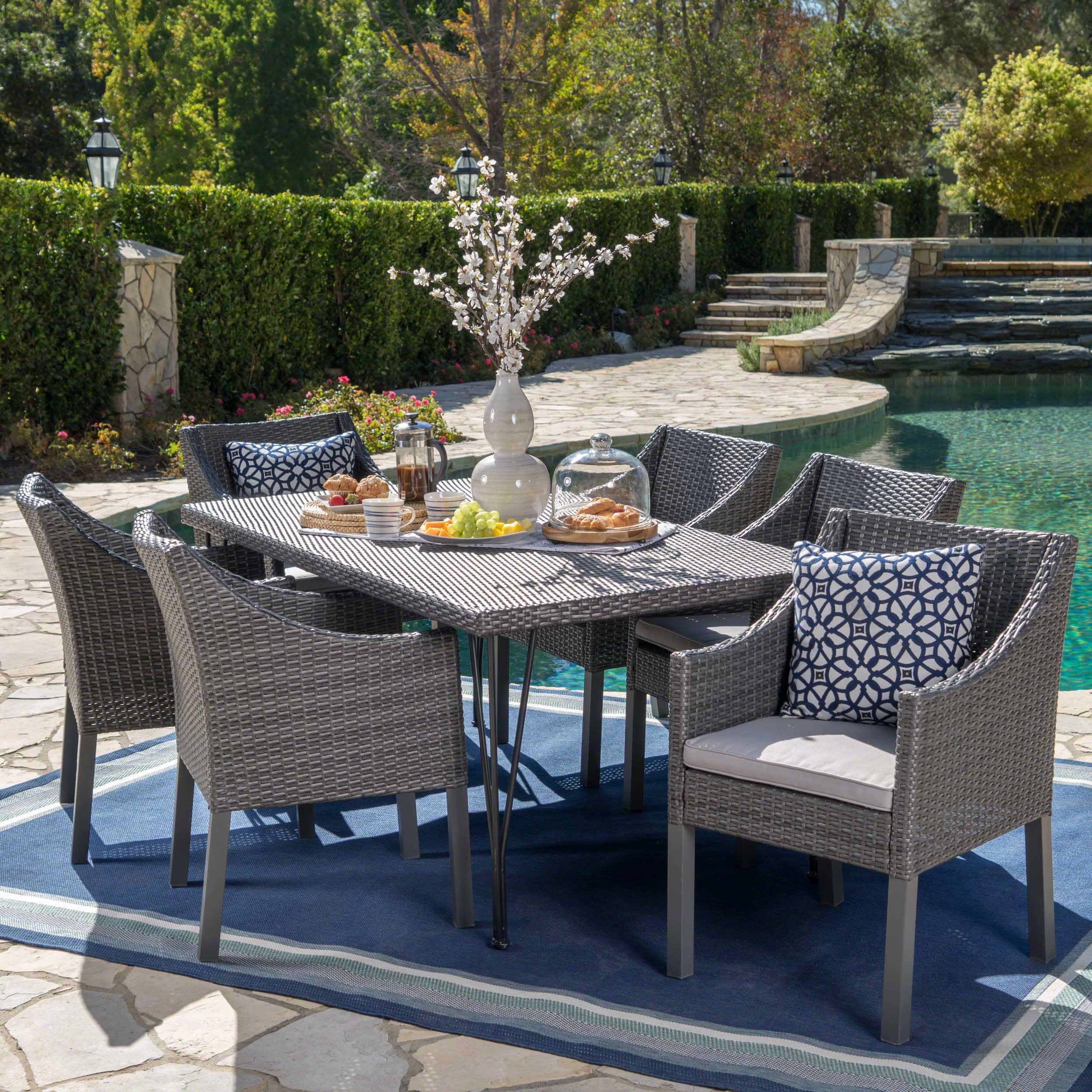 Georgia Outdoor 7 Piece Wicker Dining Set with Water Resistant Cushions - furnishings