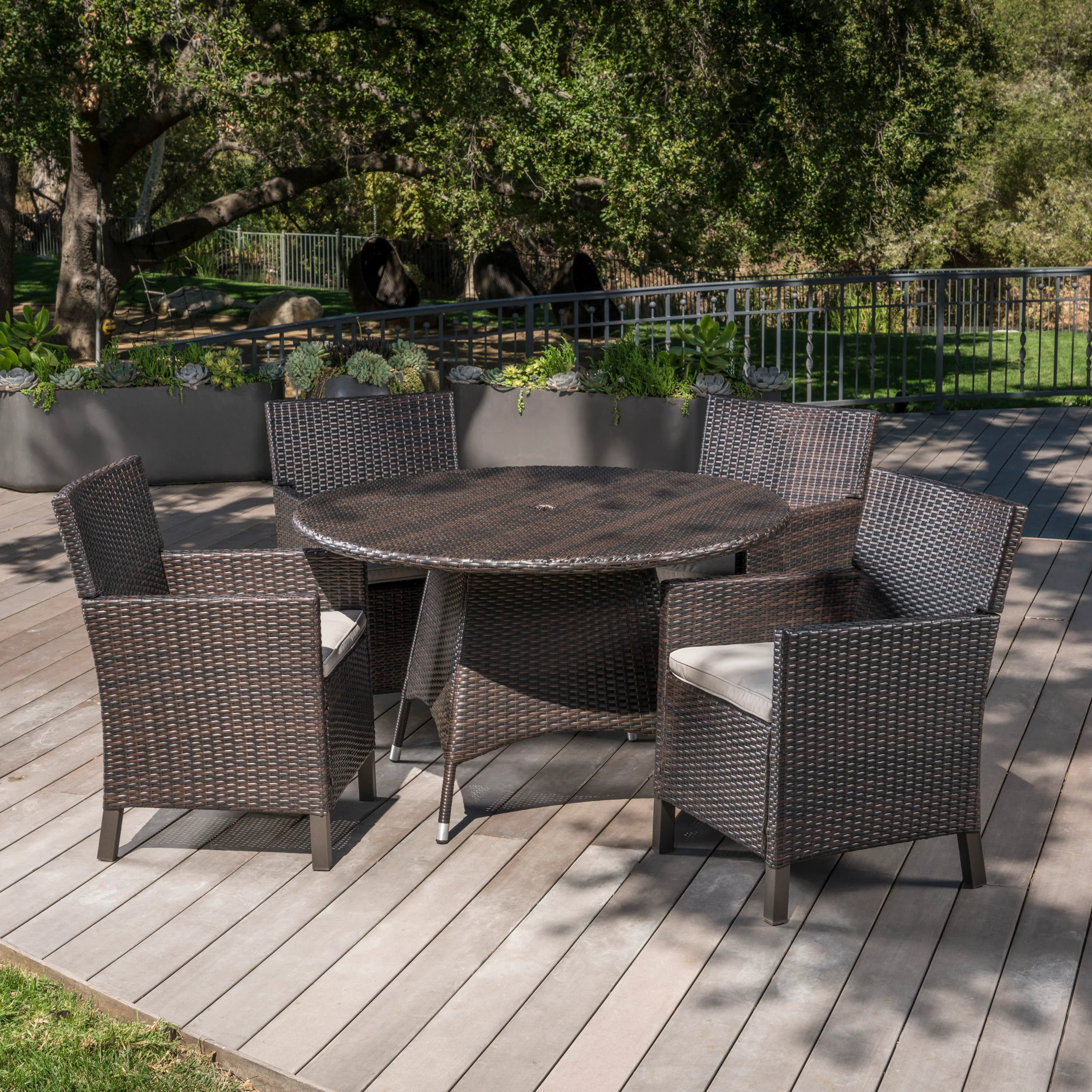 Cyril Outdoor 5 Piece Wicker Round Dining Set with Water Resistant Cushions - furnishings