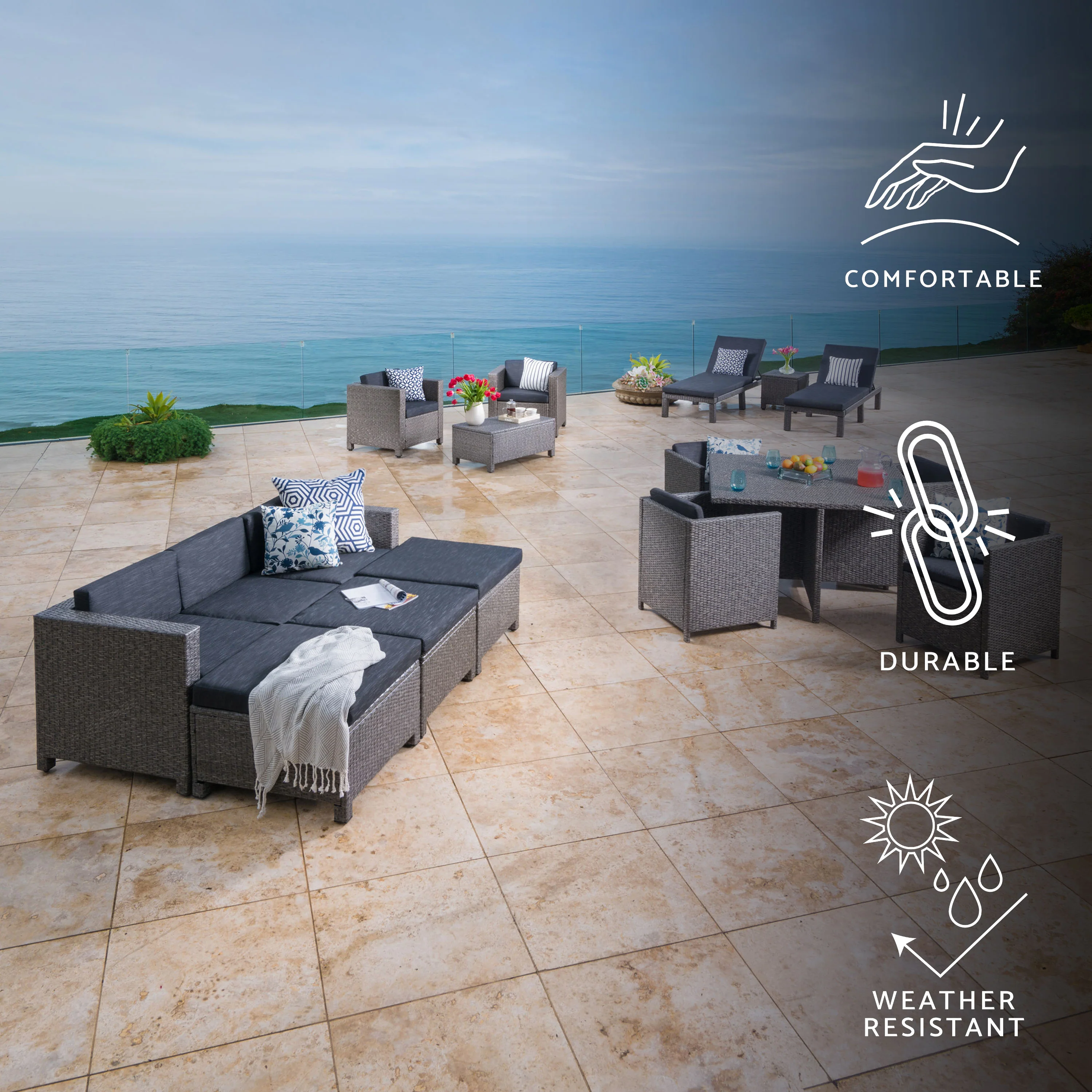 Phillips Outdoor 17 PcWicker Patio Set w/Water Resistant Cushion - furnishings