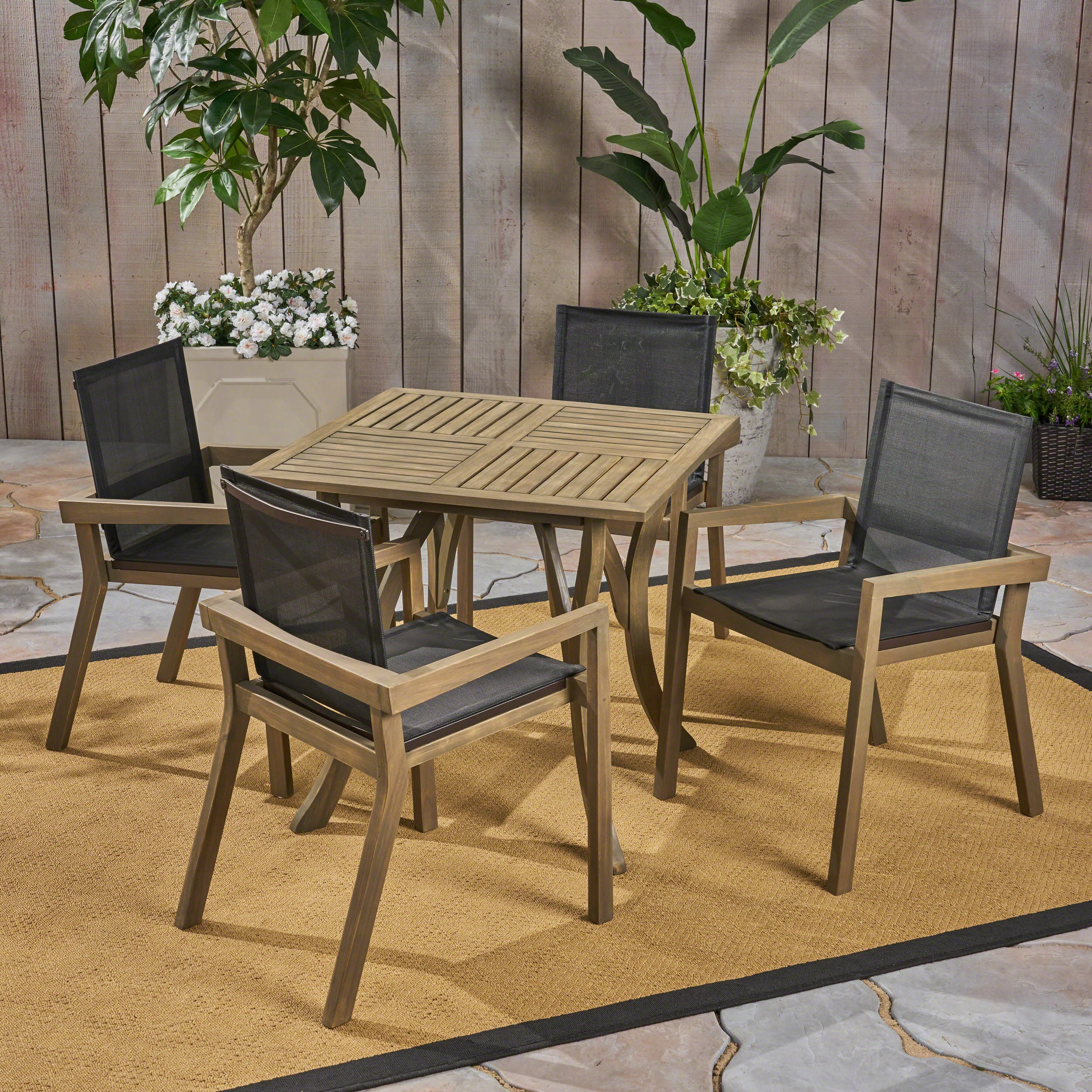 Ruiz Outdoor Acacia Wood 4 Seater Square Dining Set with Mesh Seats - furnishings