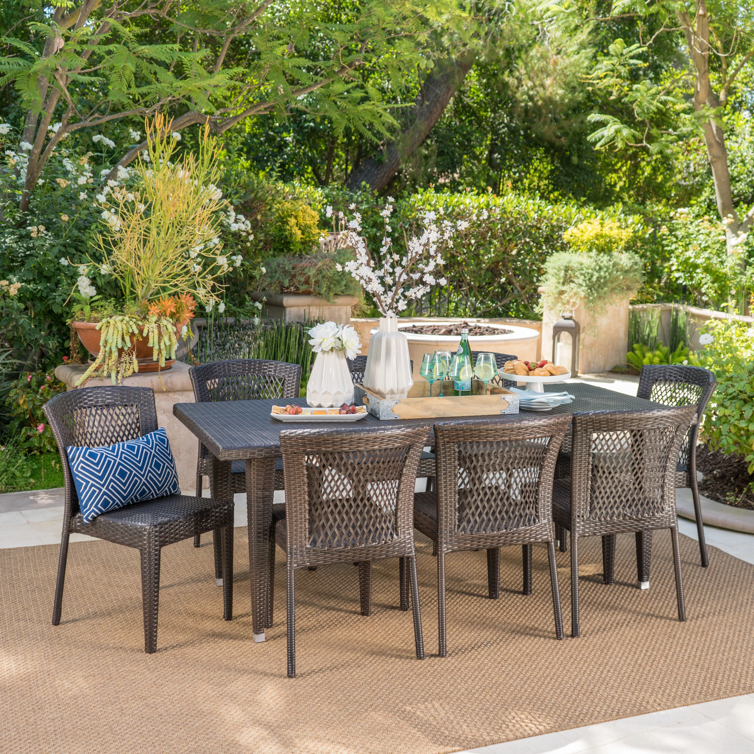 Beach Lane Outdoor 9 Piece Multi-brown Wicker Dining Set - furnishings