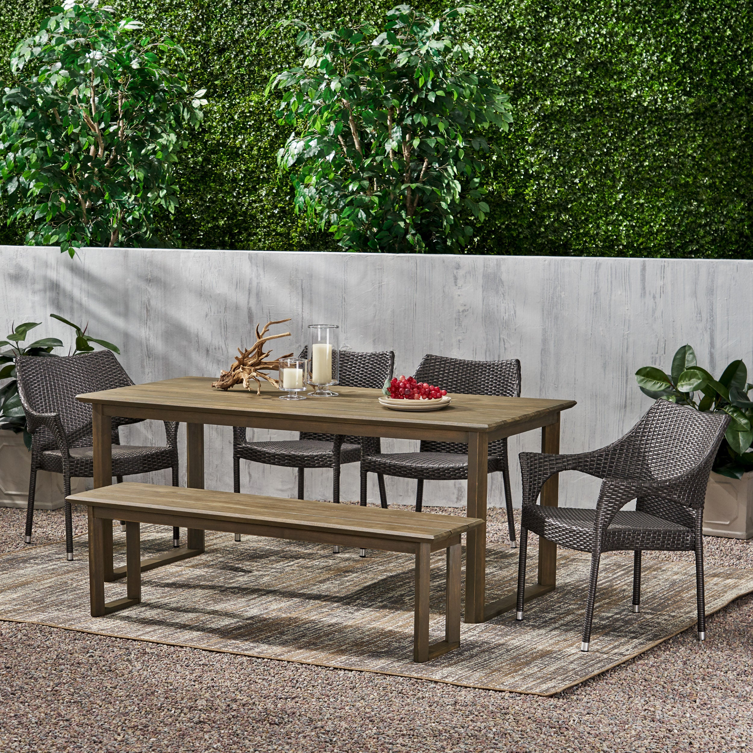 Ellendale Outdoor Acacia Wood and Wicker 6 Piece Dining Set with Bench - furnishings
