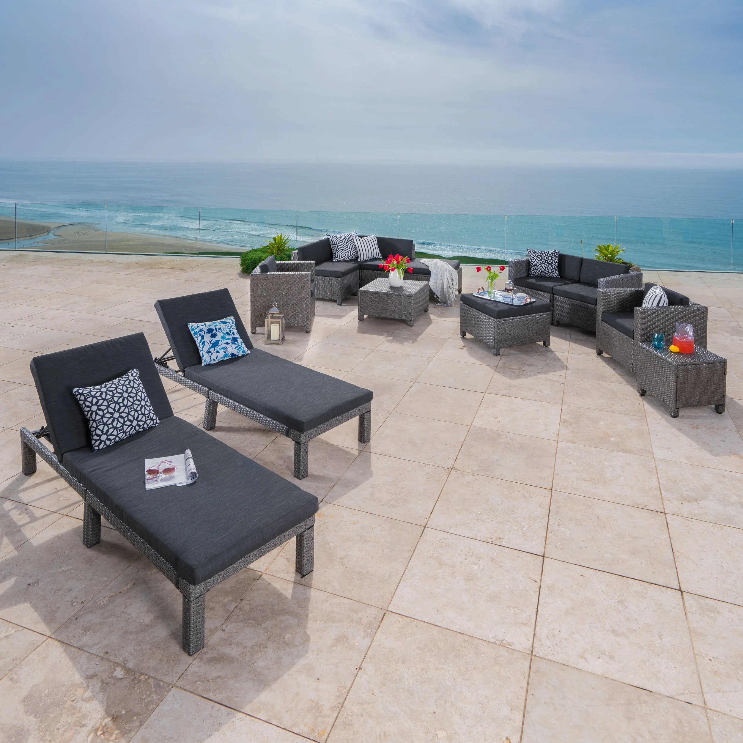 Phillips Outdoor 13 Pc Wicker Patio Set w/Water Resistant Cushions - furnishings
