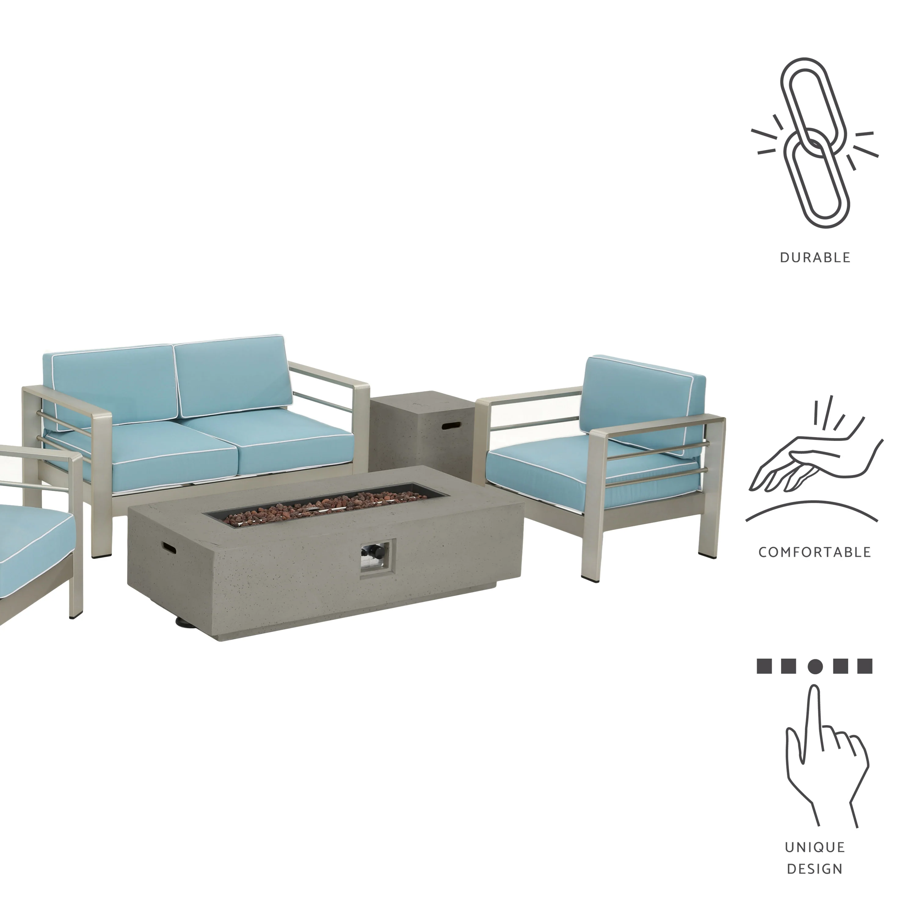 Crested Bay 5 Piece Aluminum Chat Set with Water Resistant Cushions and Fire Pit - furnishings