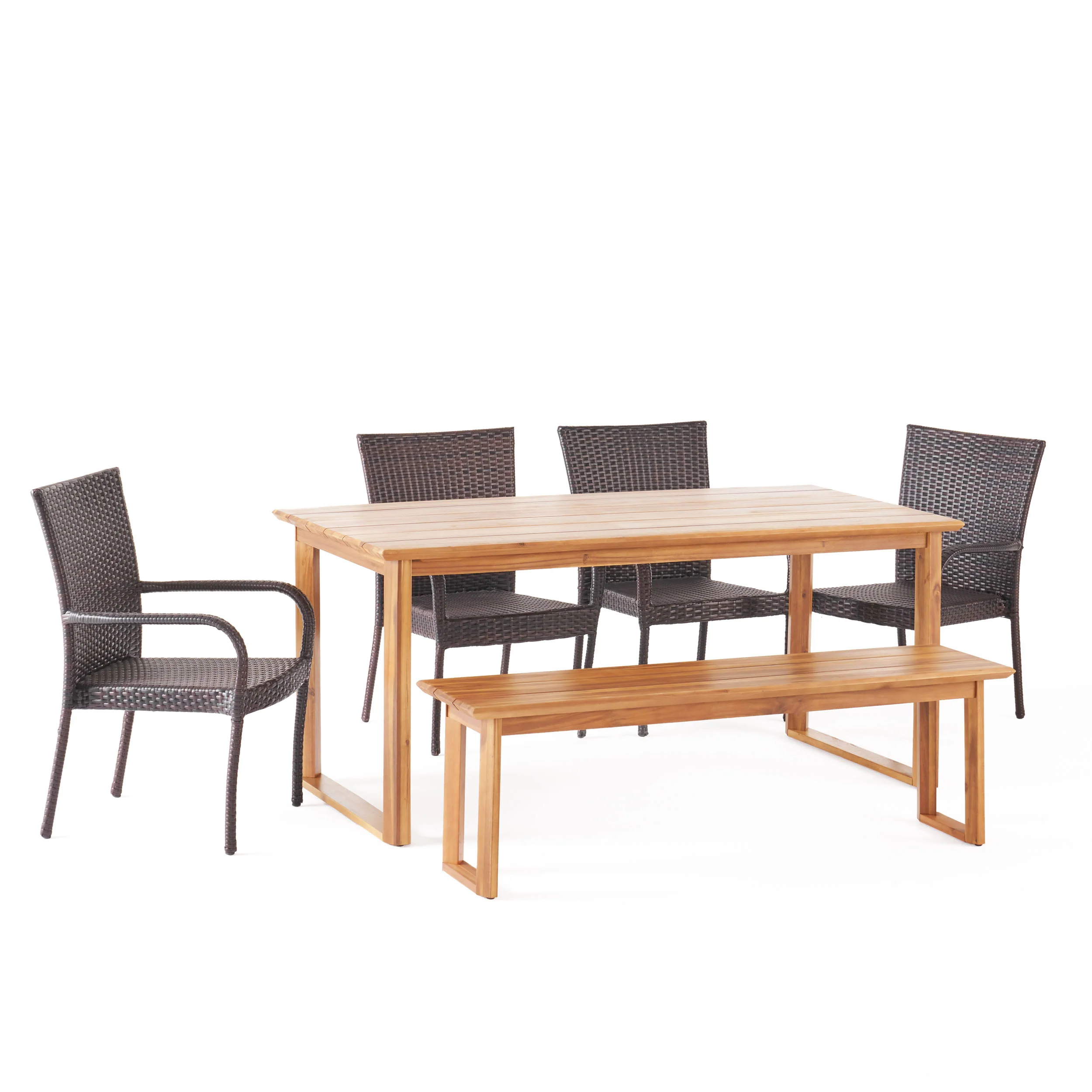 Conifer Outdoor Acacia Wood and Wicker 6 Piece Dining Set with Bench - furnishings