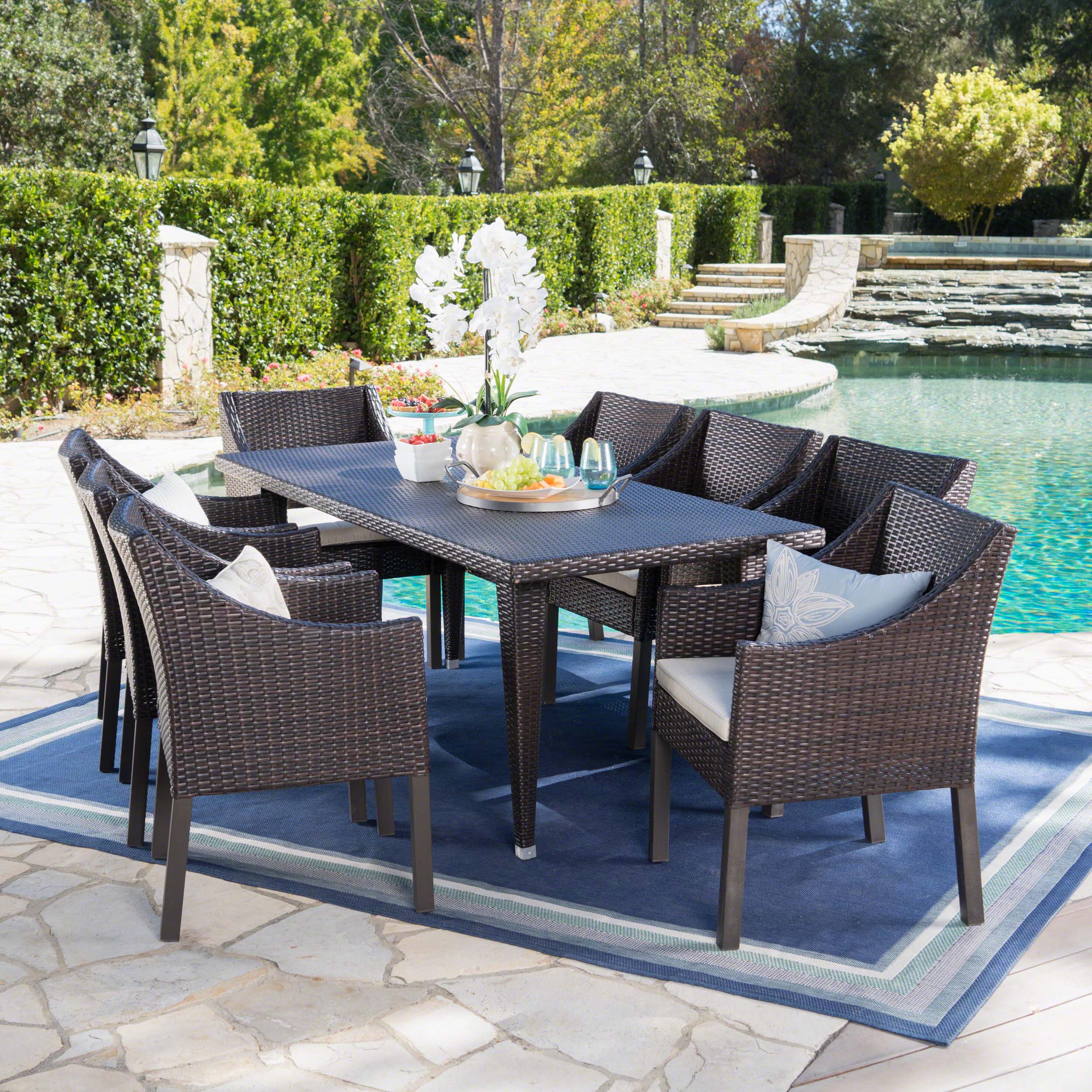 Alanna Outdoor 9 Piece Wicker Dining Set with Water Resistant Cushions - furnishings