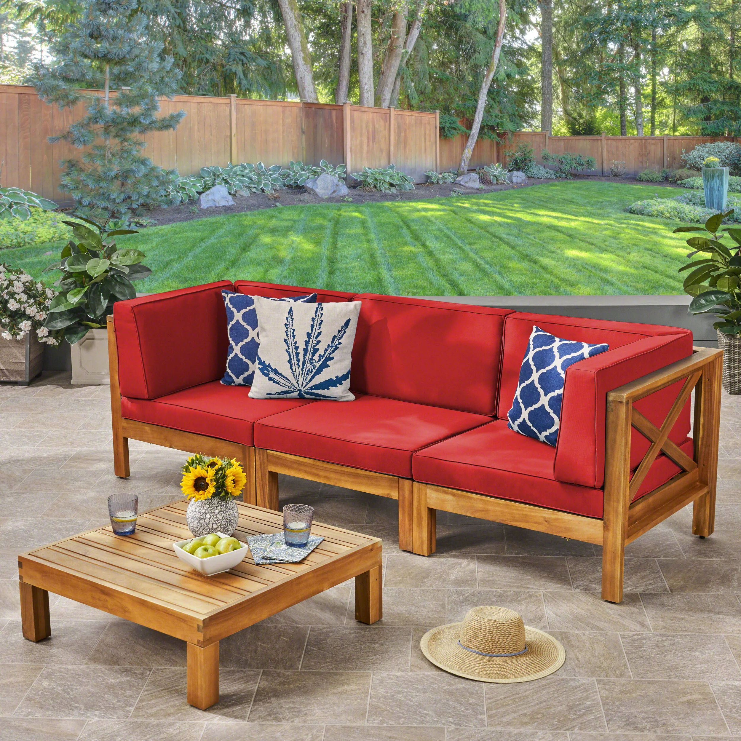 Brava Outdoor Modular Acacia Wood Sofa and Coffee Table Set with Cushions - furnishings