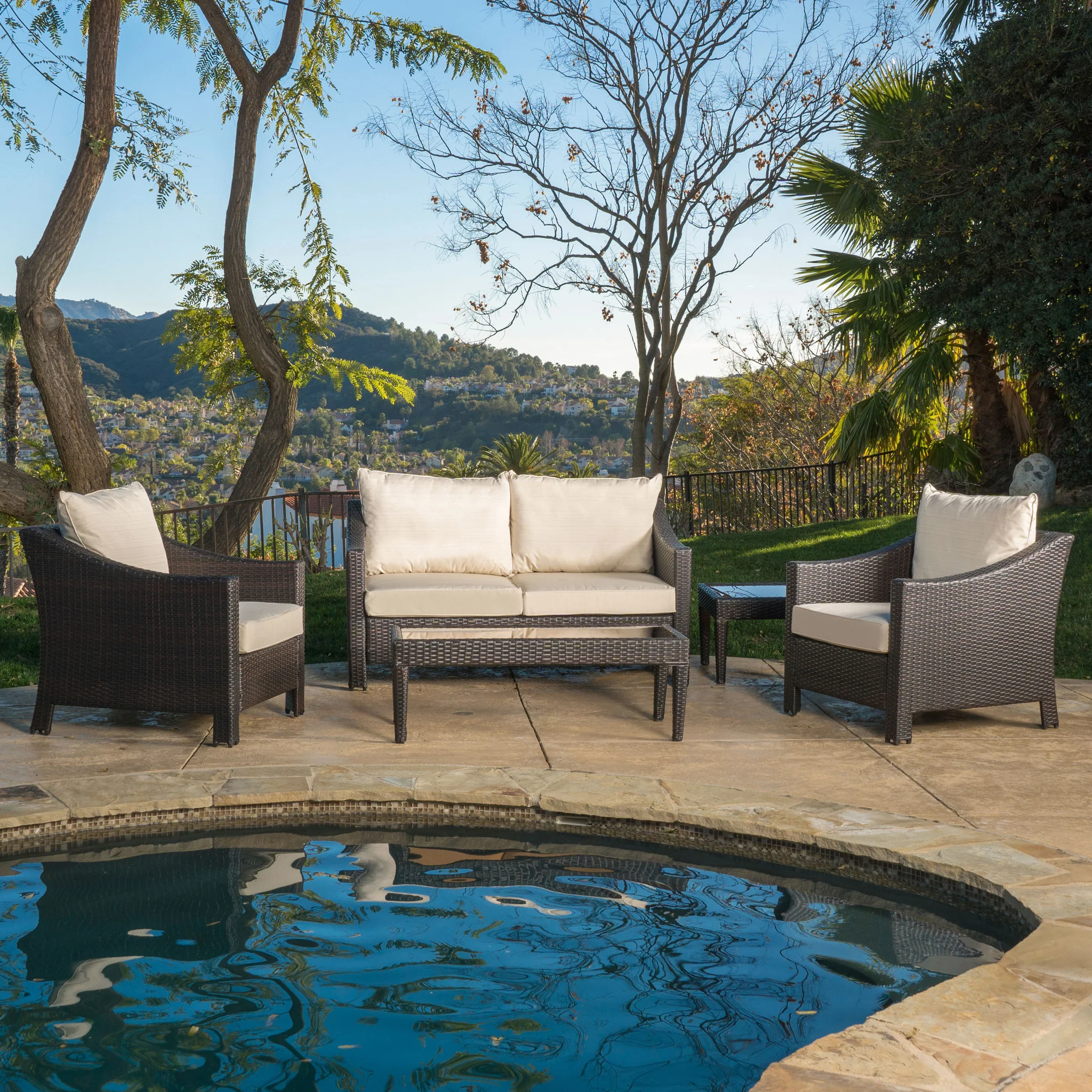 Alfarin Outdoor 5-piece Wicker Chat Set with Cushions - furnishings