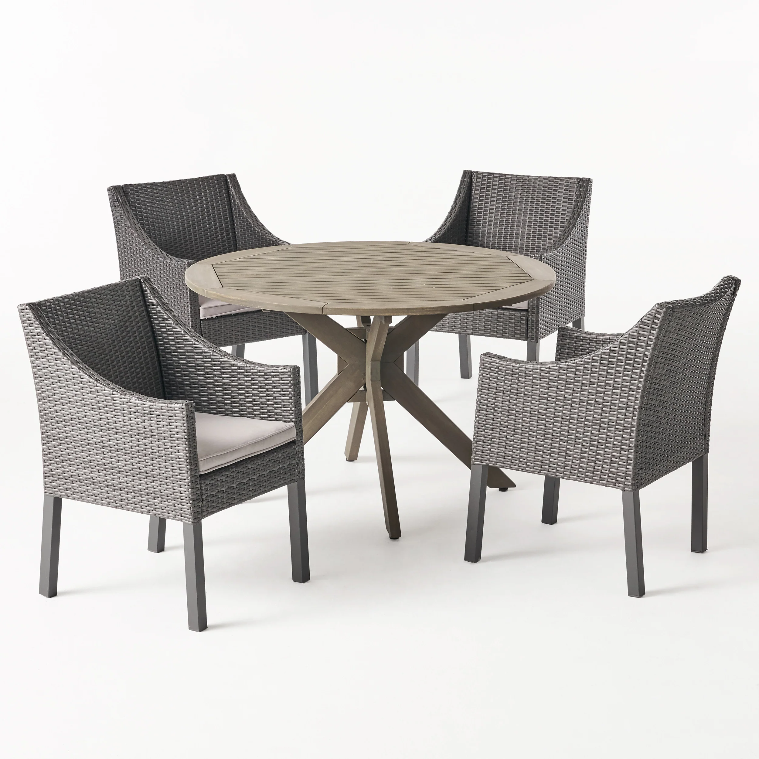Orwel Outdoor 5 Piece Wood and Wicker Dining Set, Gray and Gray - furnishings
