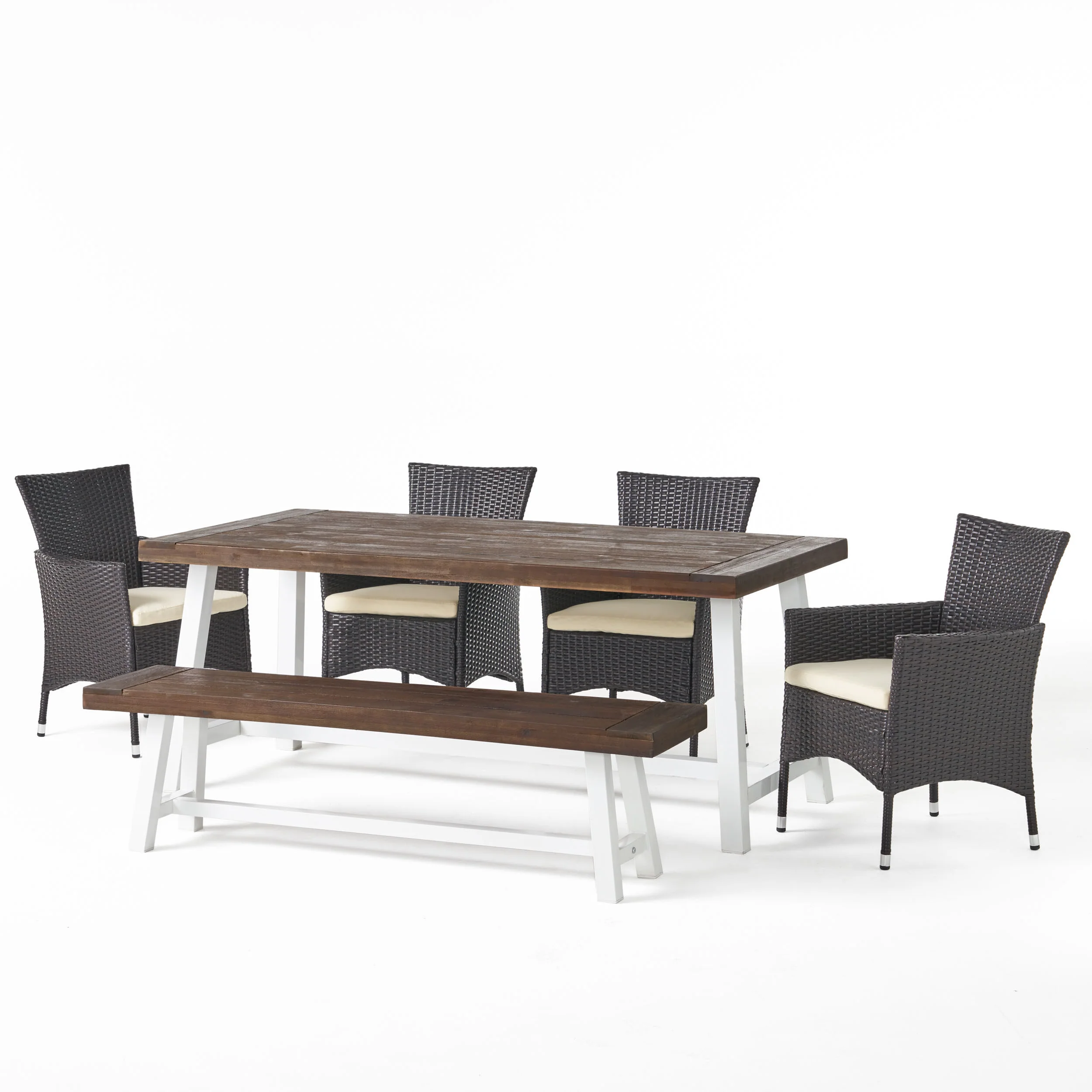 Linda Outdoor 6 Piece Wicker Dining Set with Acacia Wood Table and Bench - furnishings