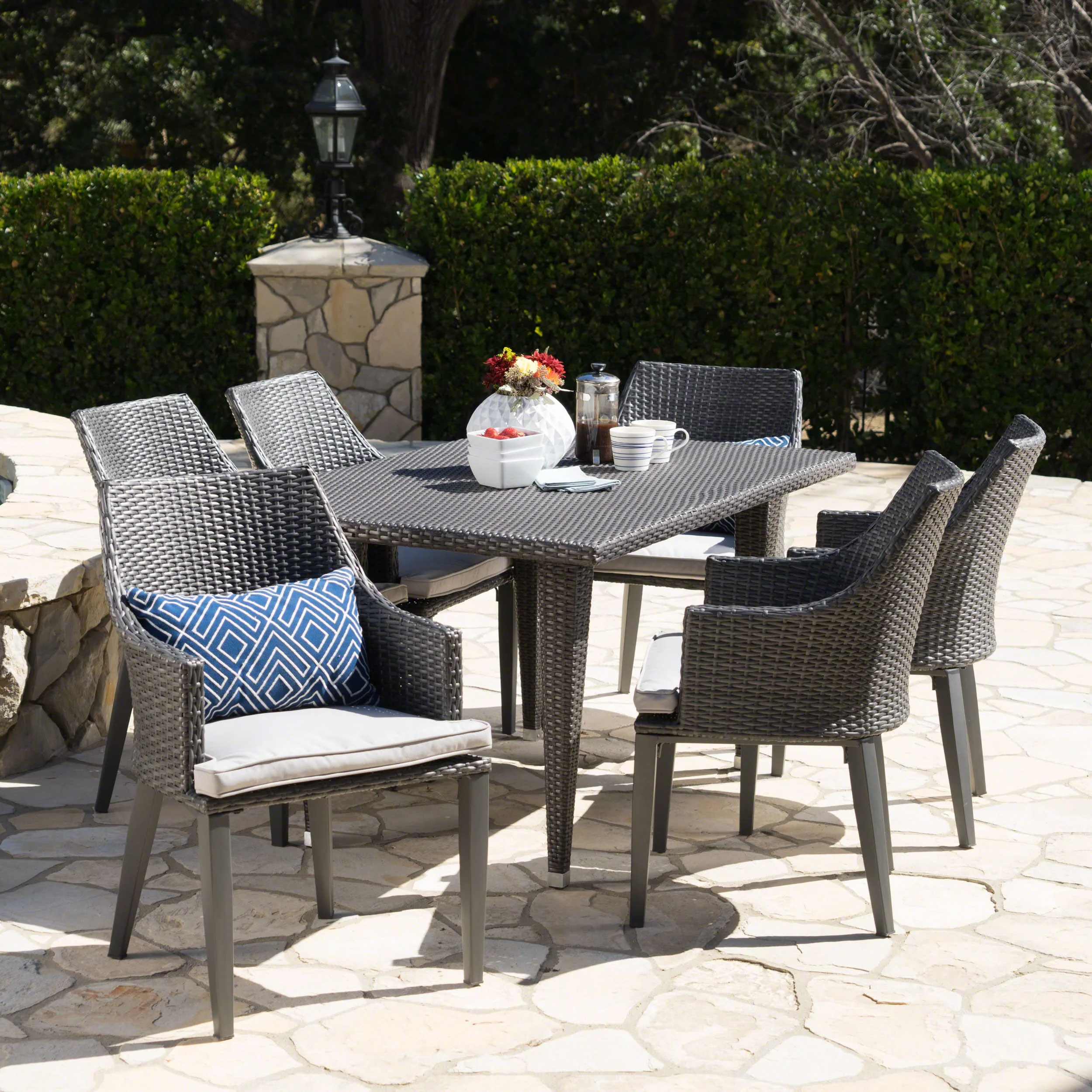 Lenny Outdoor 7 Piece Gray Wicker Dining Set with Water Resistant Cushions - furnishings