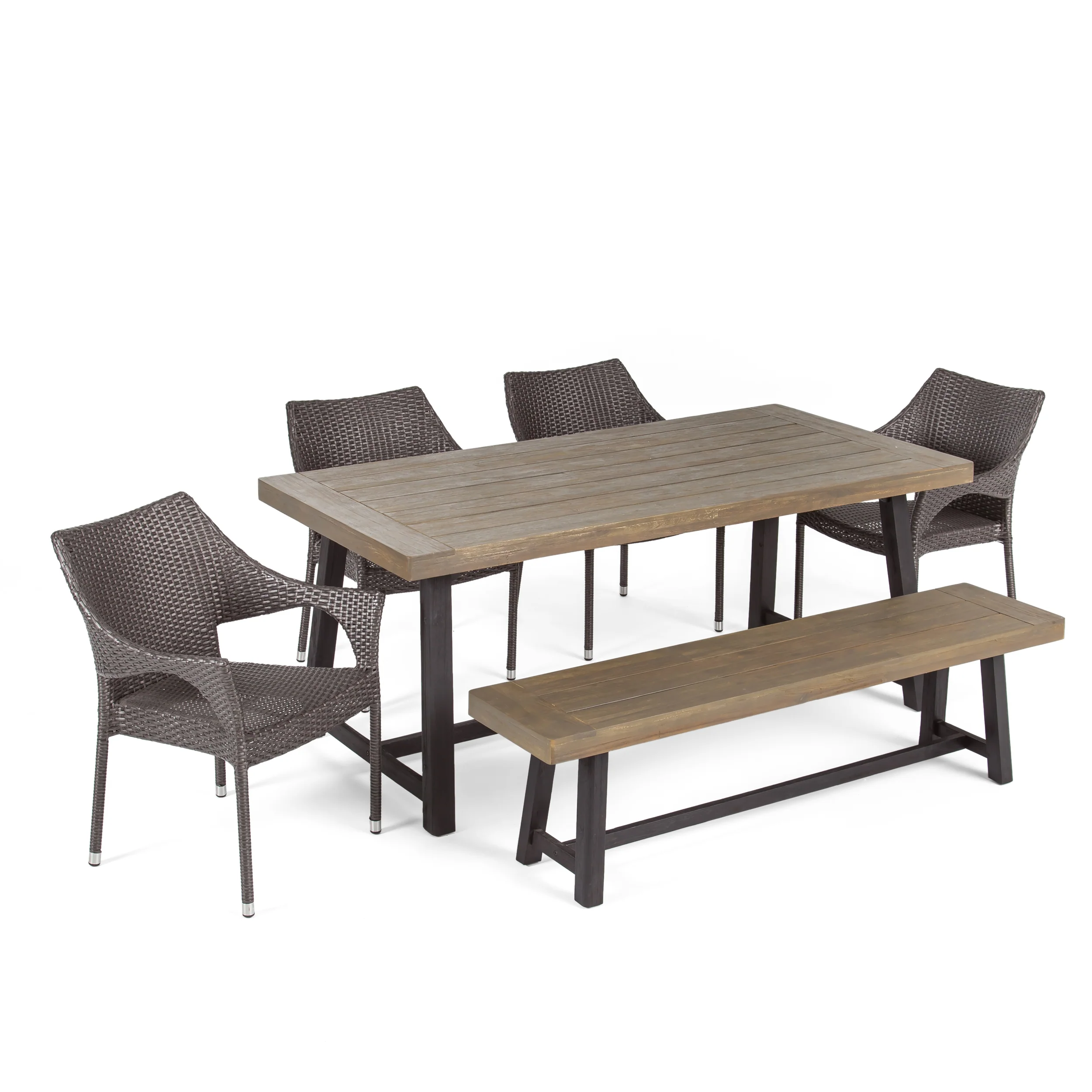 Brecken Outdoor 6 Piece Dining Set with Stacking Wicker Chairs and Bench - furnishings