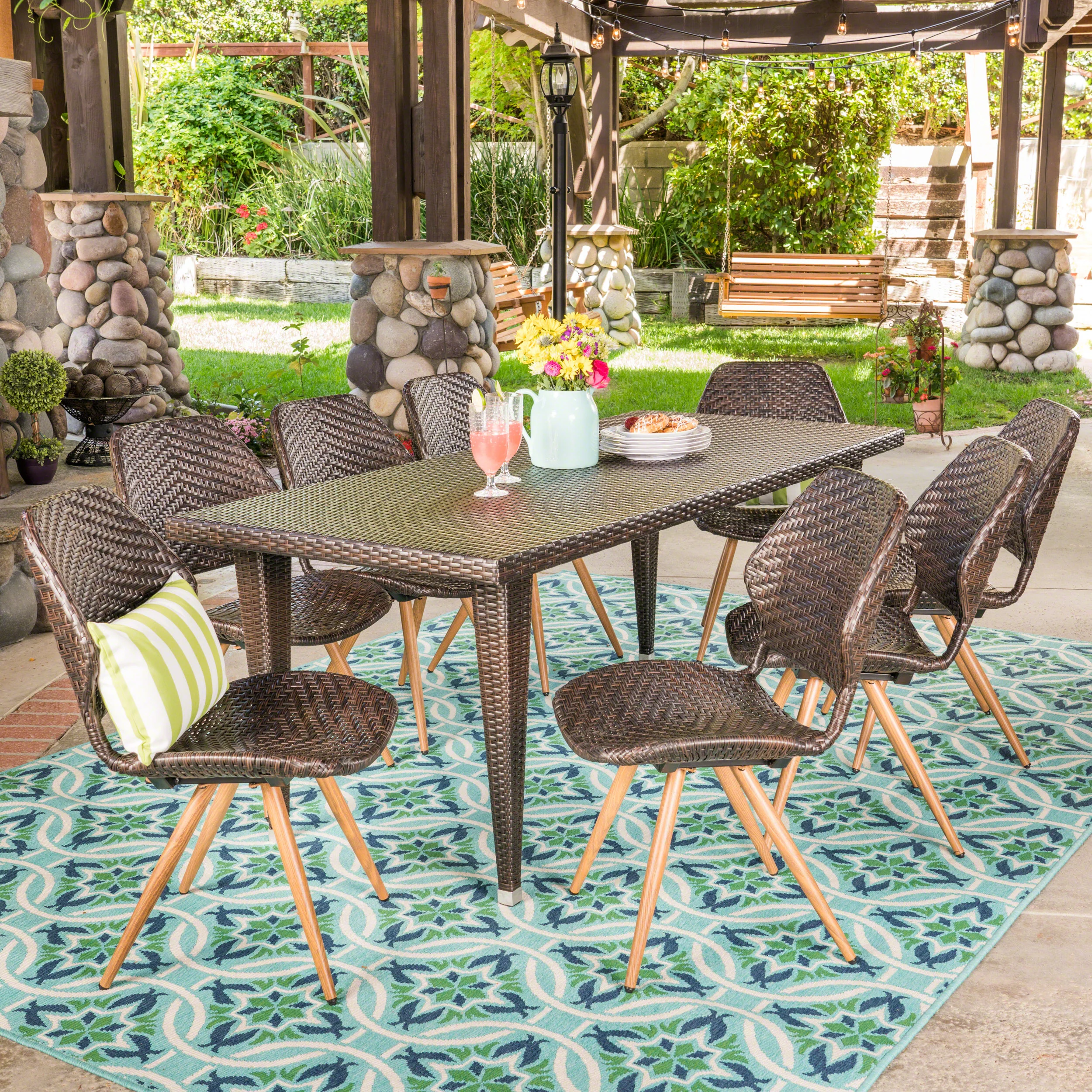 Jihan Outdoor 7 Piece Wicker Dining Set, Multibrown - furnishings