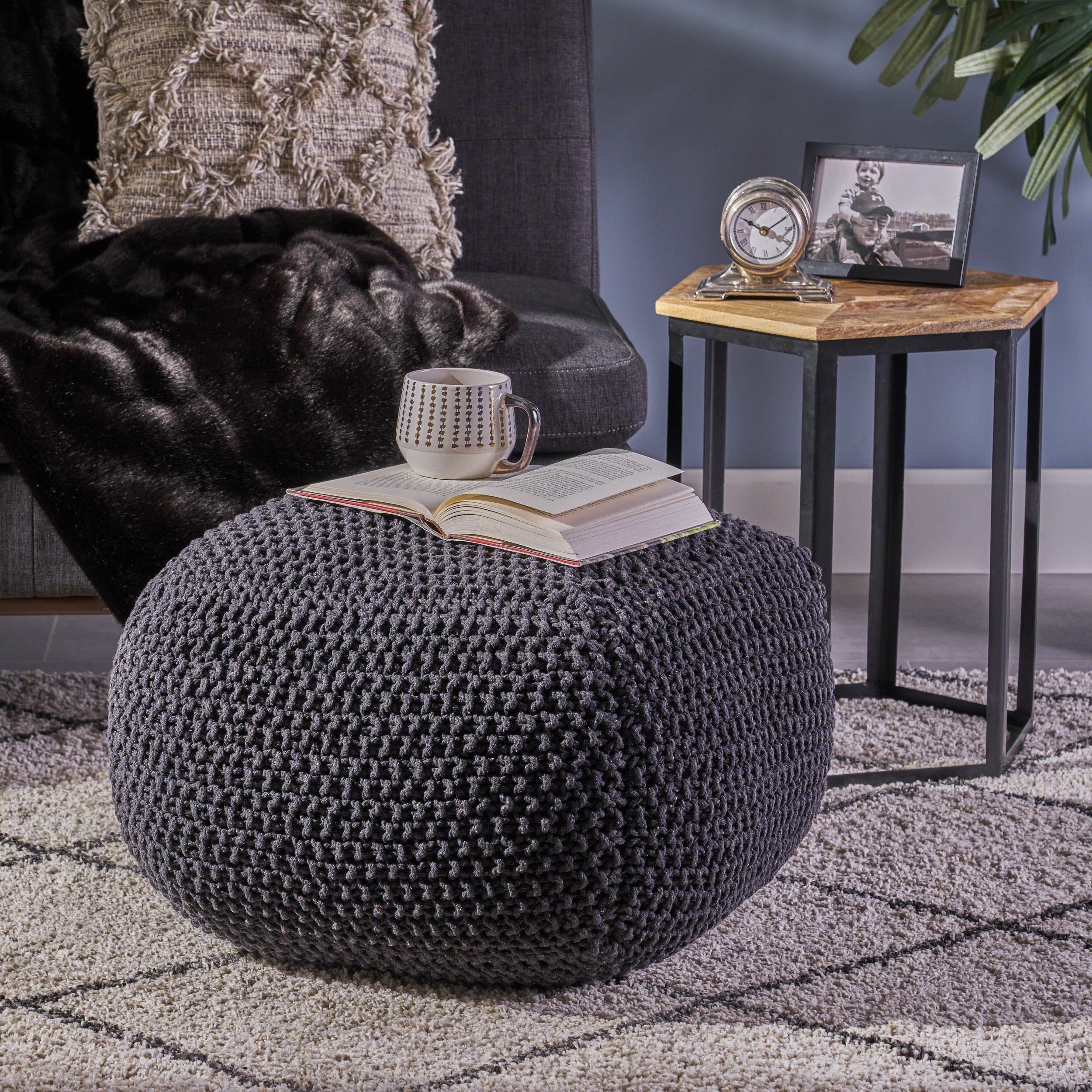 Joyce Knitted Cotton Square Pouf, Dark Grey - furnishings