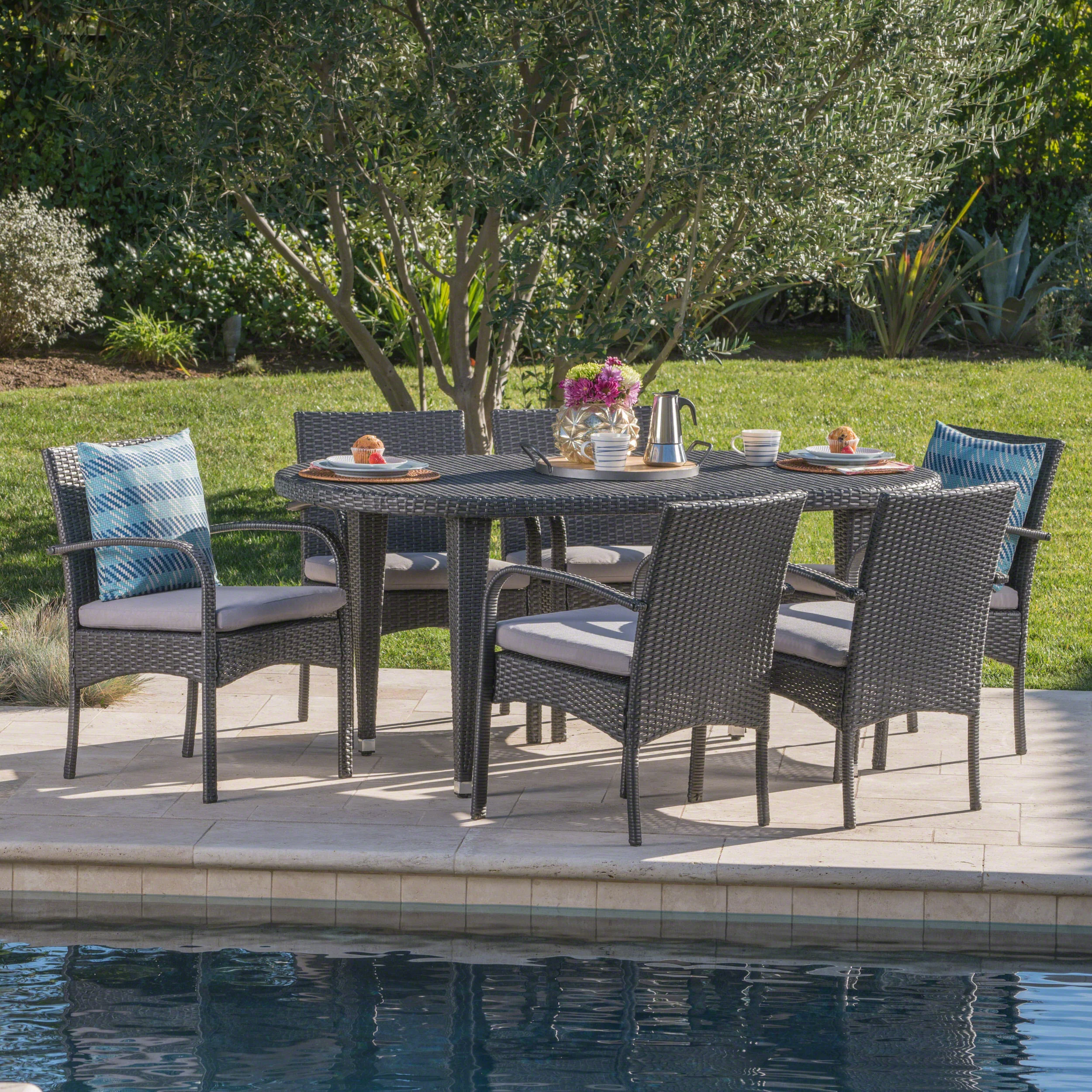 Carpenter Outdoor 7 Piece Gray Wicker Dining Set with Gray Water Resistant Cushions - furnishings