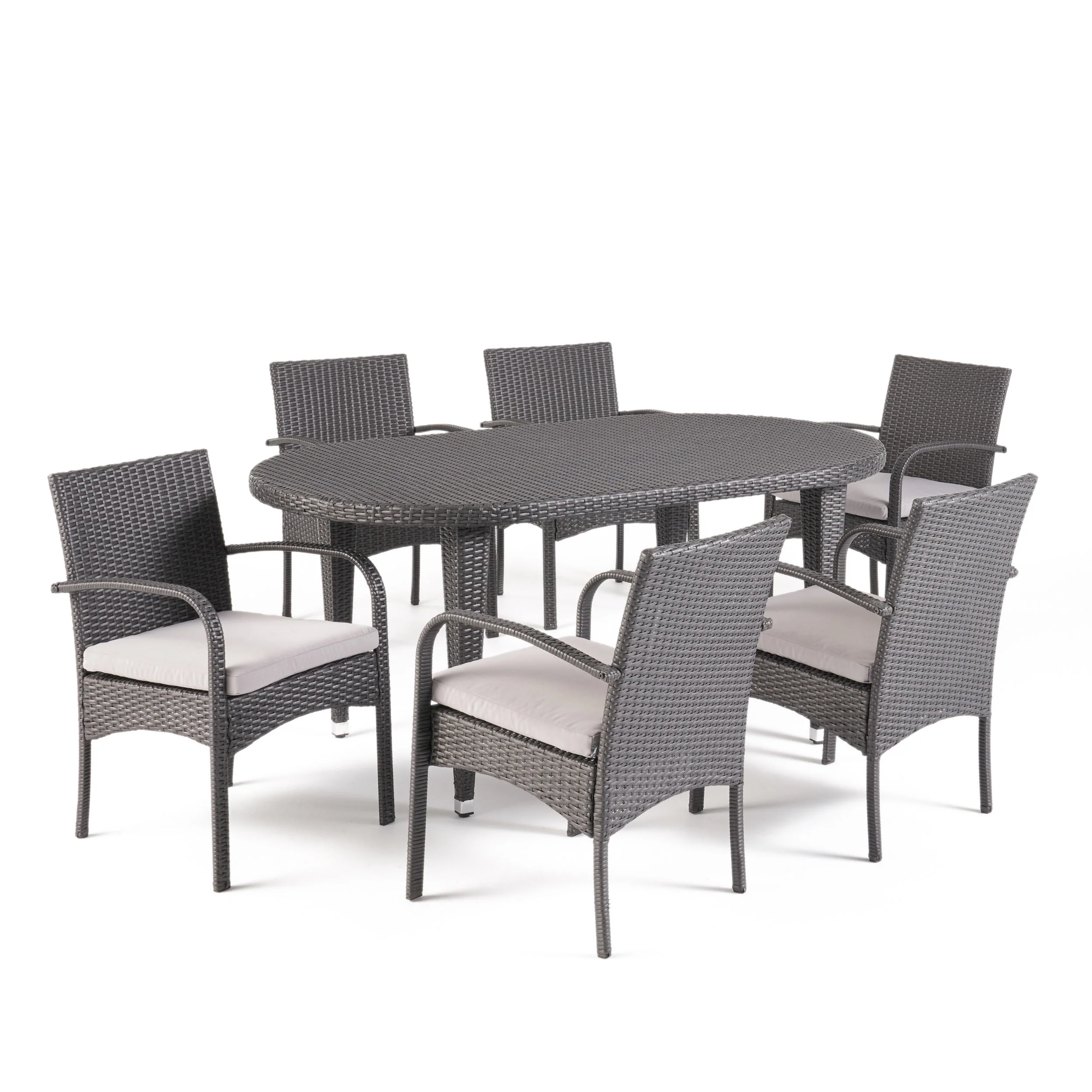 Carpenter Outdoor 7 Piece Gray Wicker Dining Set with Gray Water Resistant Cushions - furnishings