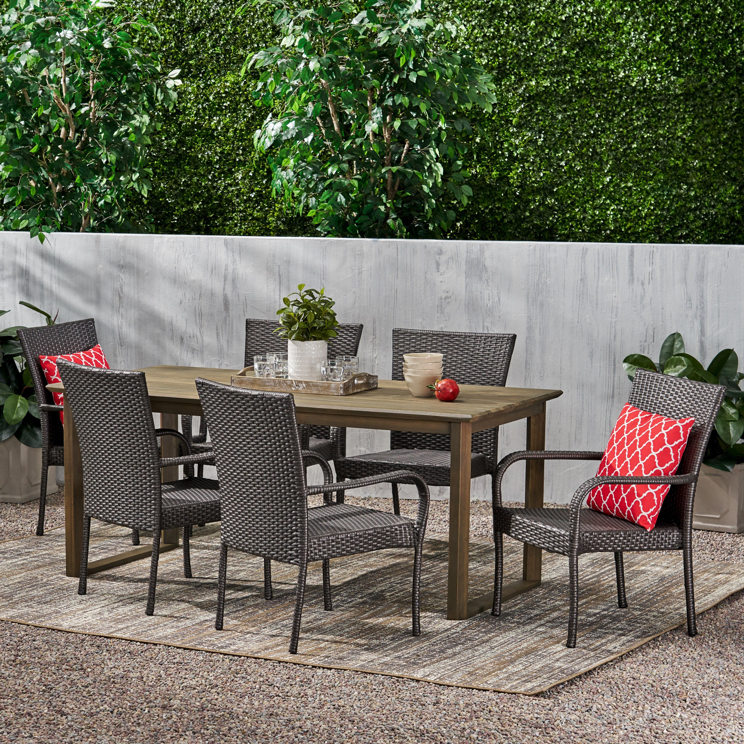 Conifer Outdoor Acacia Wood and Wicker 7 Piece Dining Set - furnishings