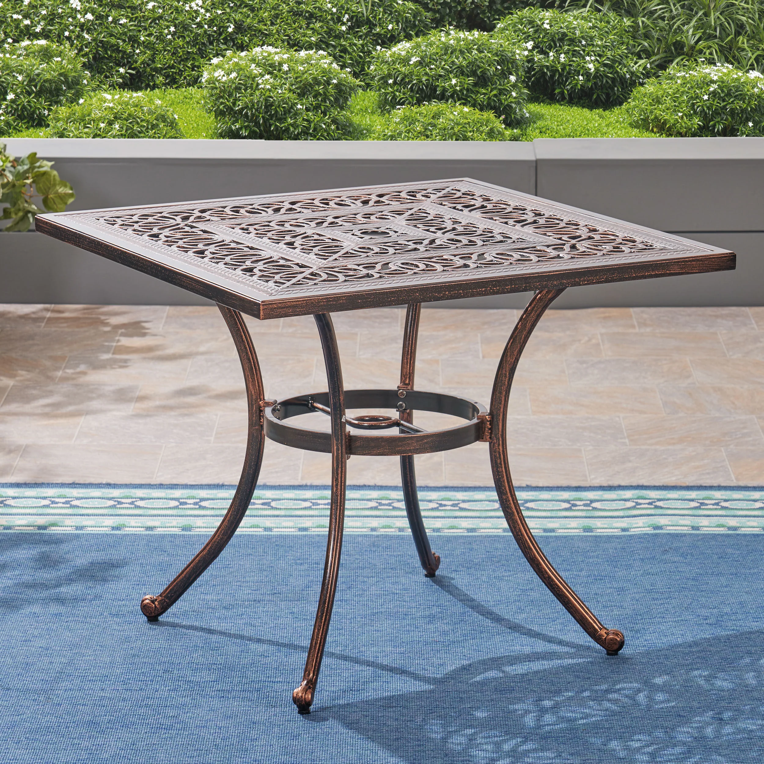 Barbara Outdoor 4-Seater Cast Aluminum Square-Table Dining Set, Shiny Copper - furnishings