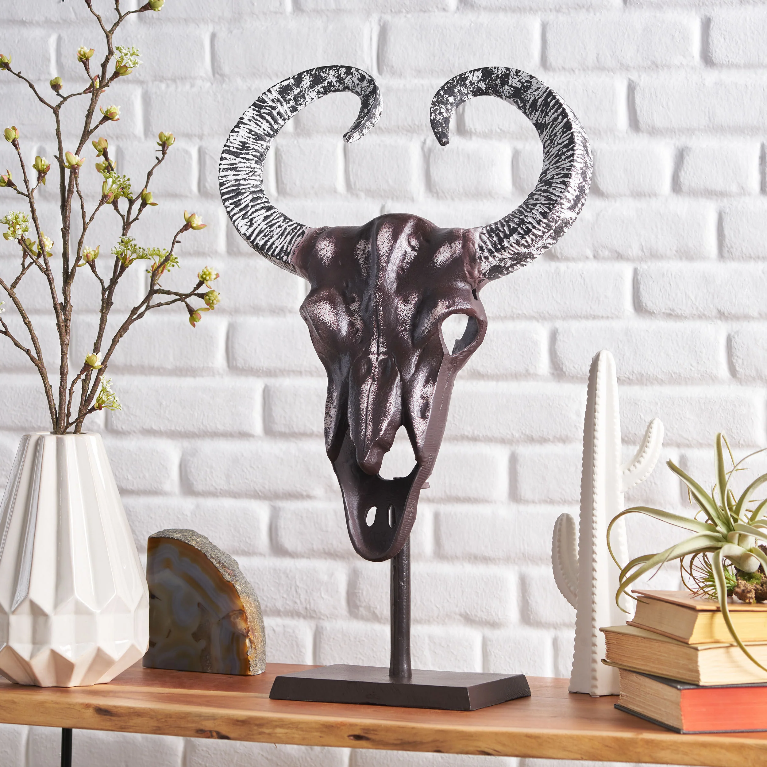 Blalock Handcrafted Aluminum Bull Skull Decor with Stand - furnishings