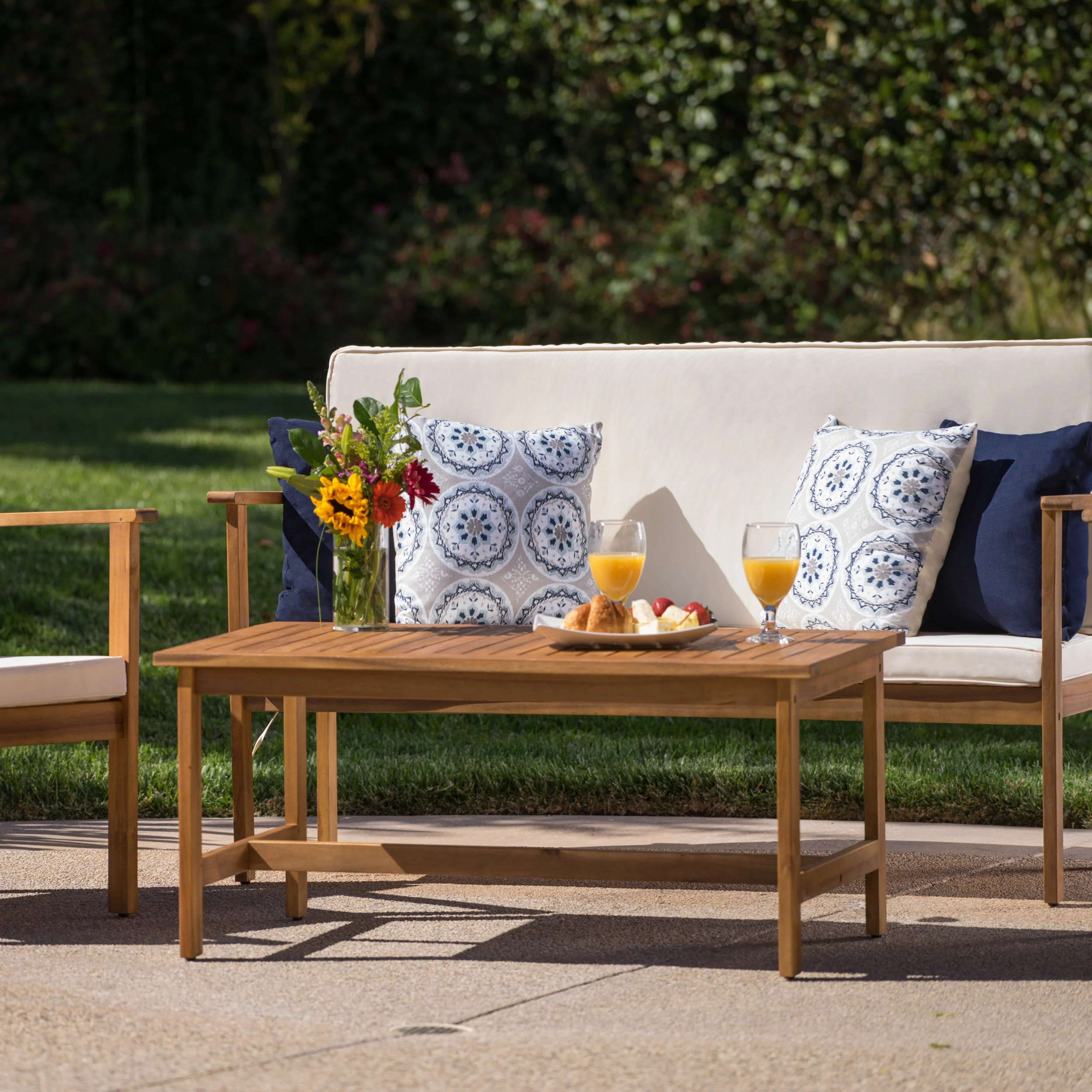 Luciano Outdoor Acacia Wood Chat Set w/ Water Resistant Cushions - furnishings