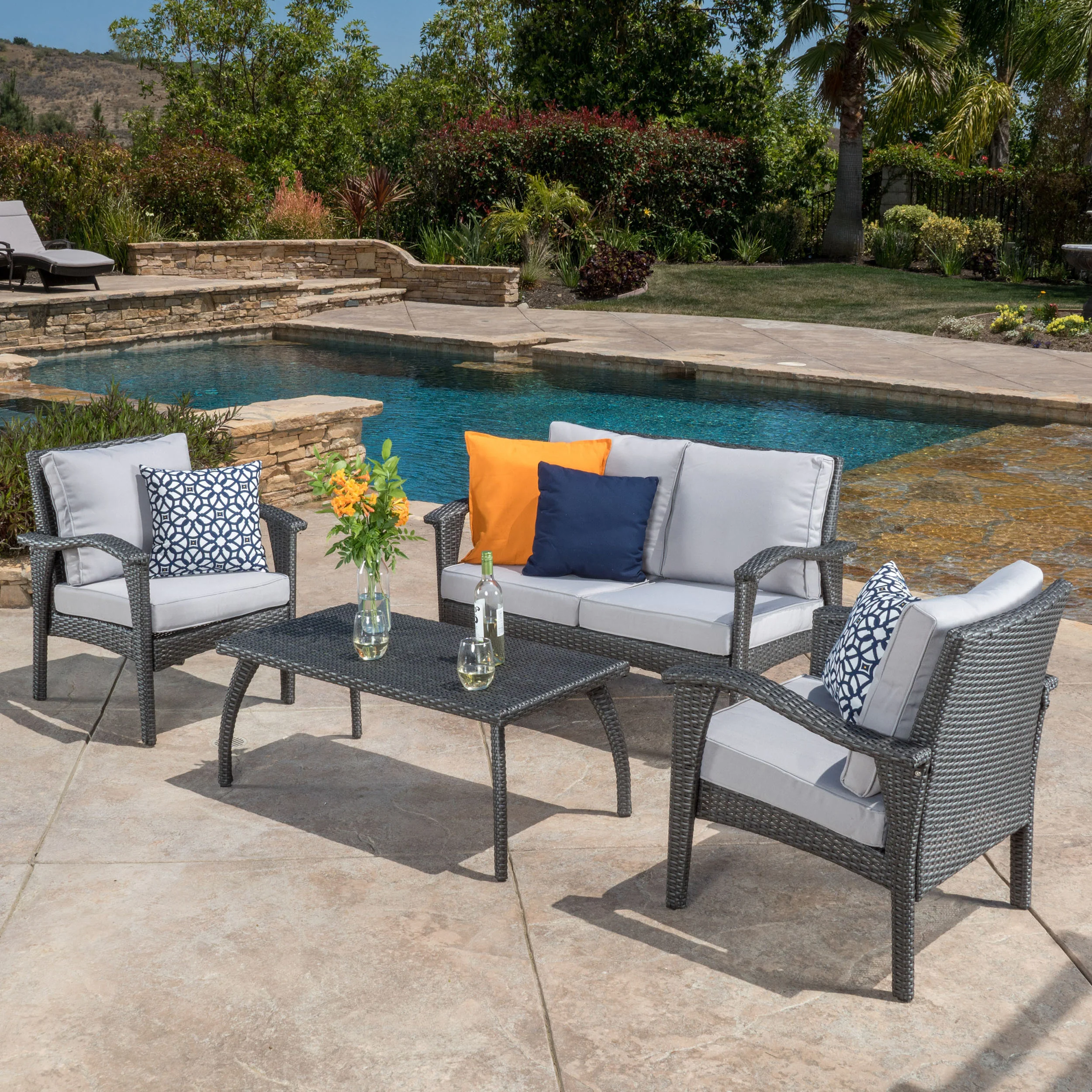 Voyage Outdoor 4 Piece Gray Wicker Chat Set with Cushions - furnishings