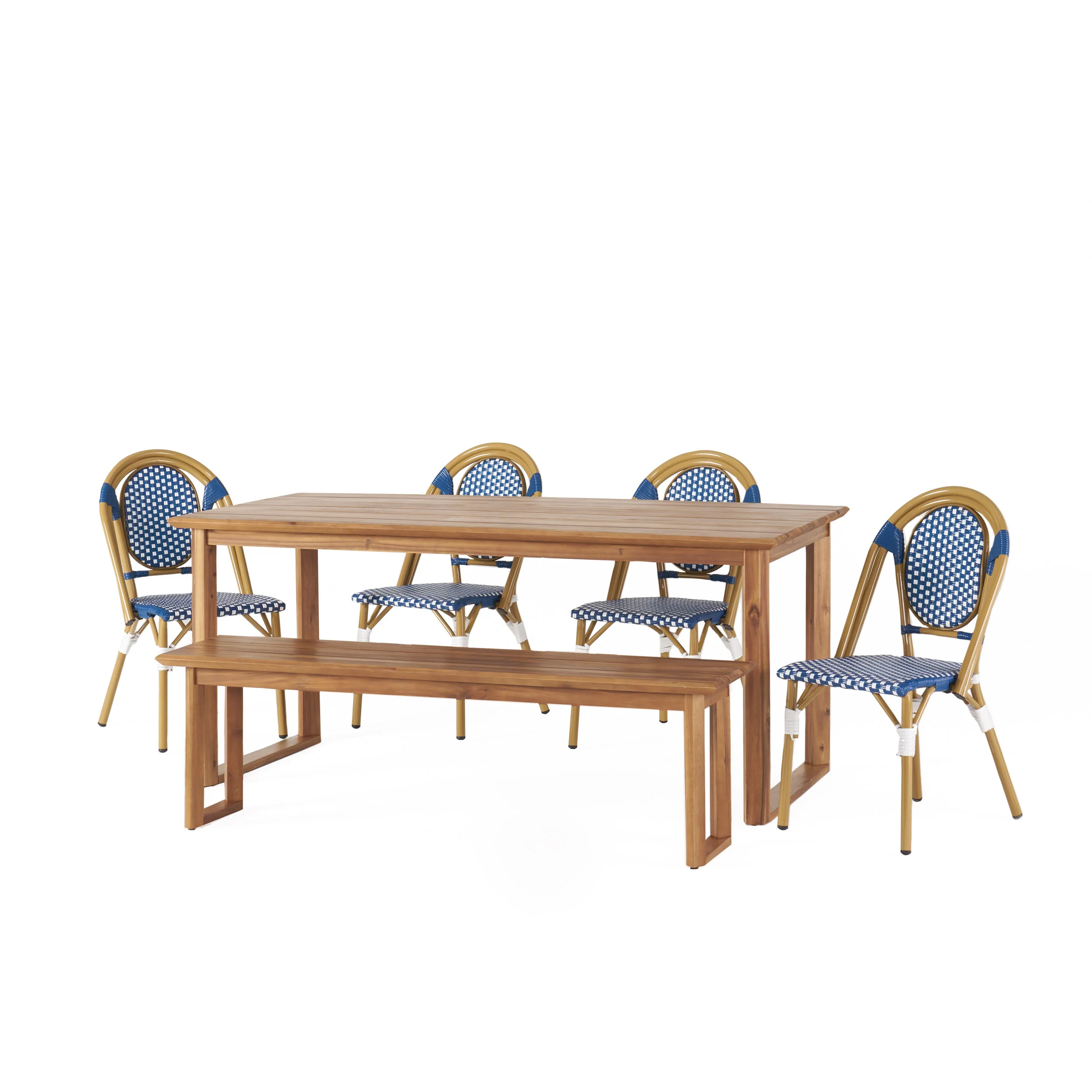 Varva Outdoor Acacia Wood and Wicker 6 Piece Dining Set with Bench - furnishings