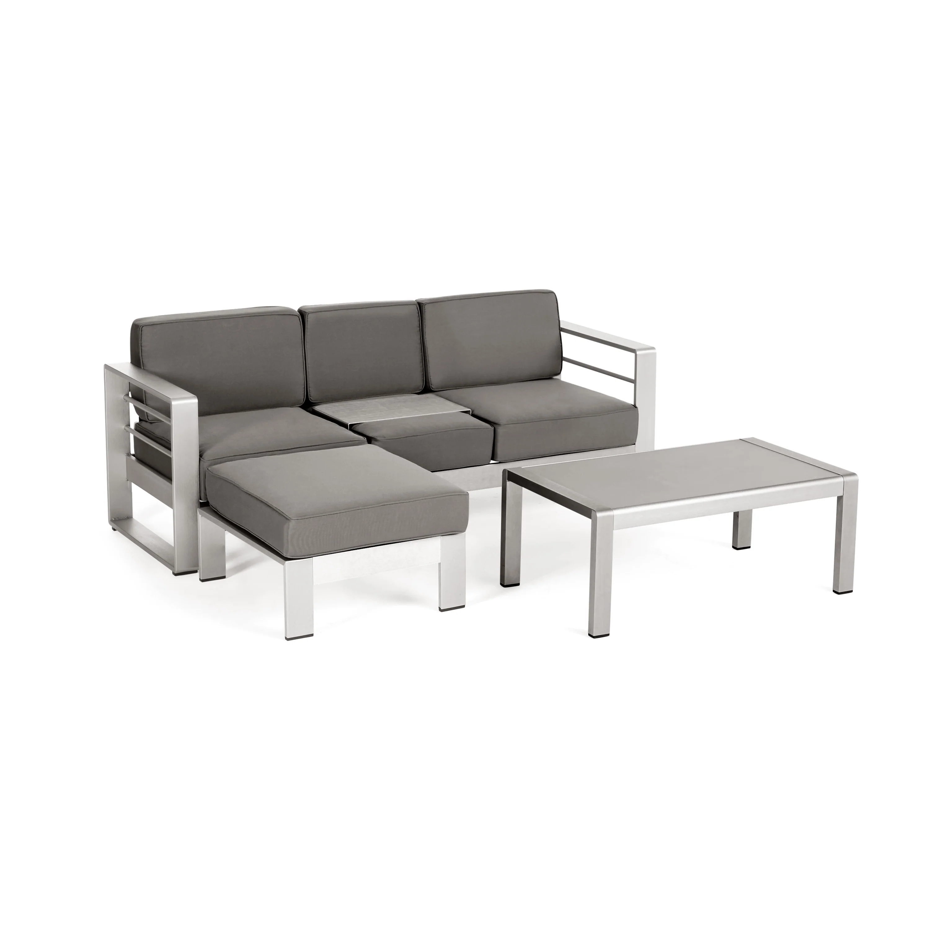 Emily Coral Outdoor Aluminum 3-Seater Sofa Set with Coffee Table and Ottman, Silver and Khaki - furnishings
