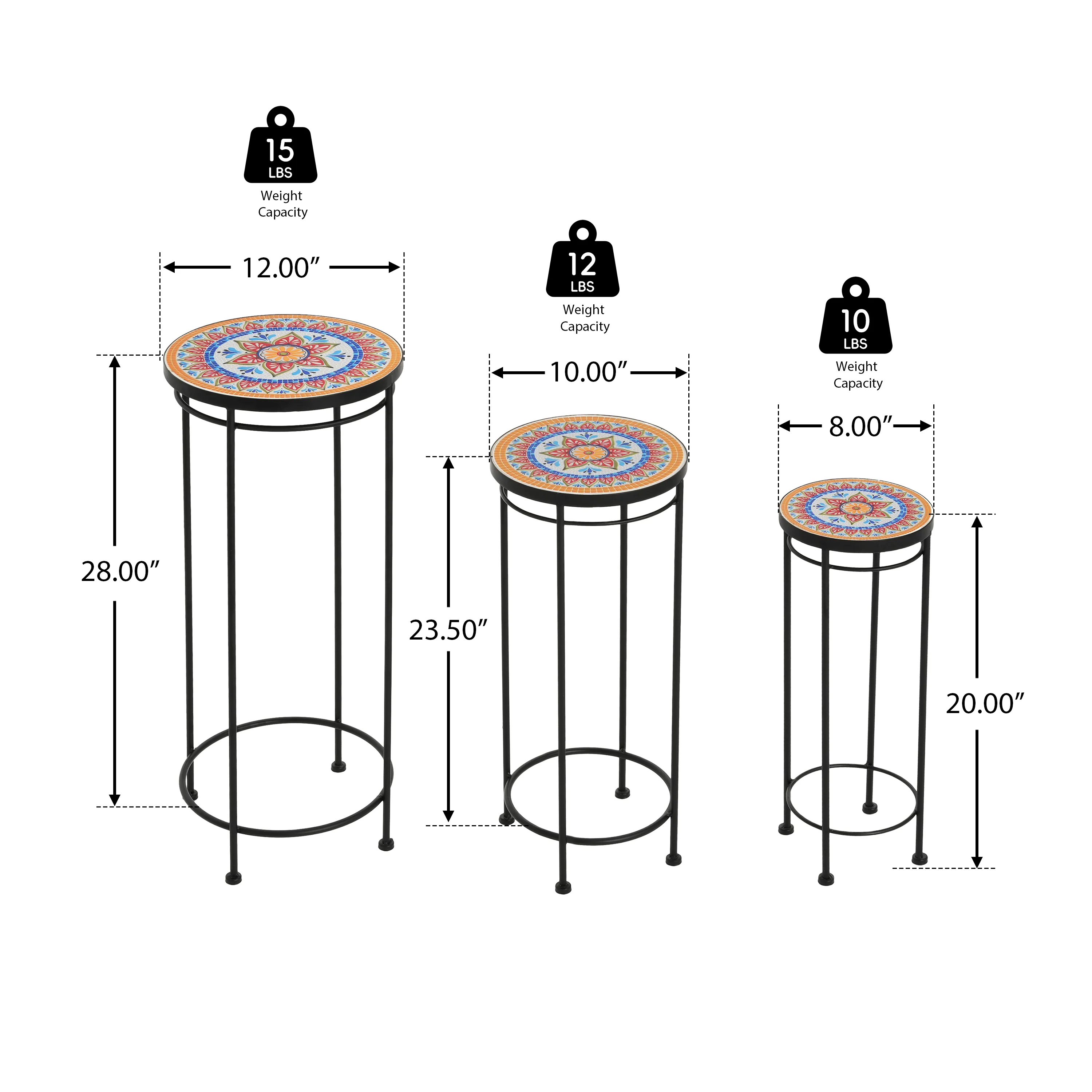 Caius Outdoor Patio Plant Stands, Ceramic Tile, Iron, Set of 3 - furnishings