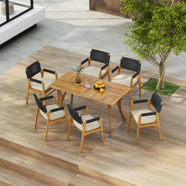 Sagaree Modern Patio Dining Set - Table with 6 Chairs, Wood Finish - furnishings