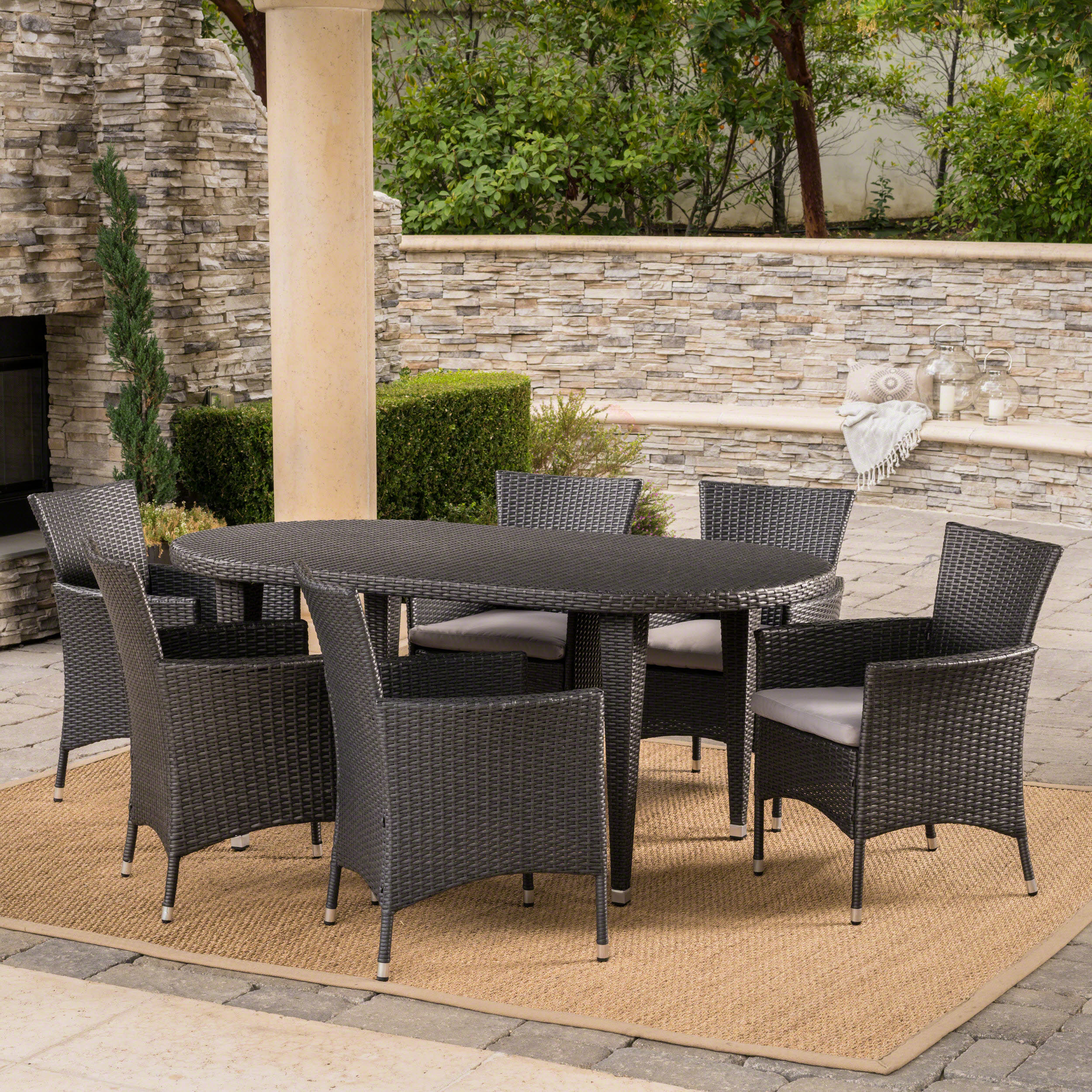 Vineland Outdoor 7 Piece Gray Wicker Oval Dining Set with Silver Water Resistant Cushions - furnishings