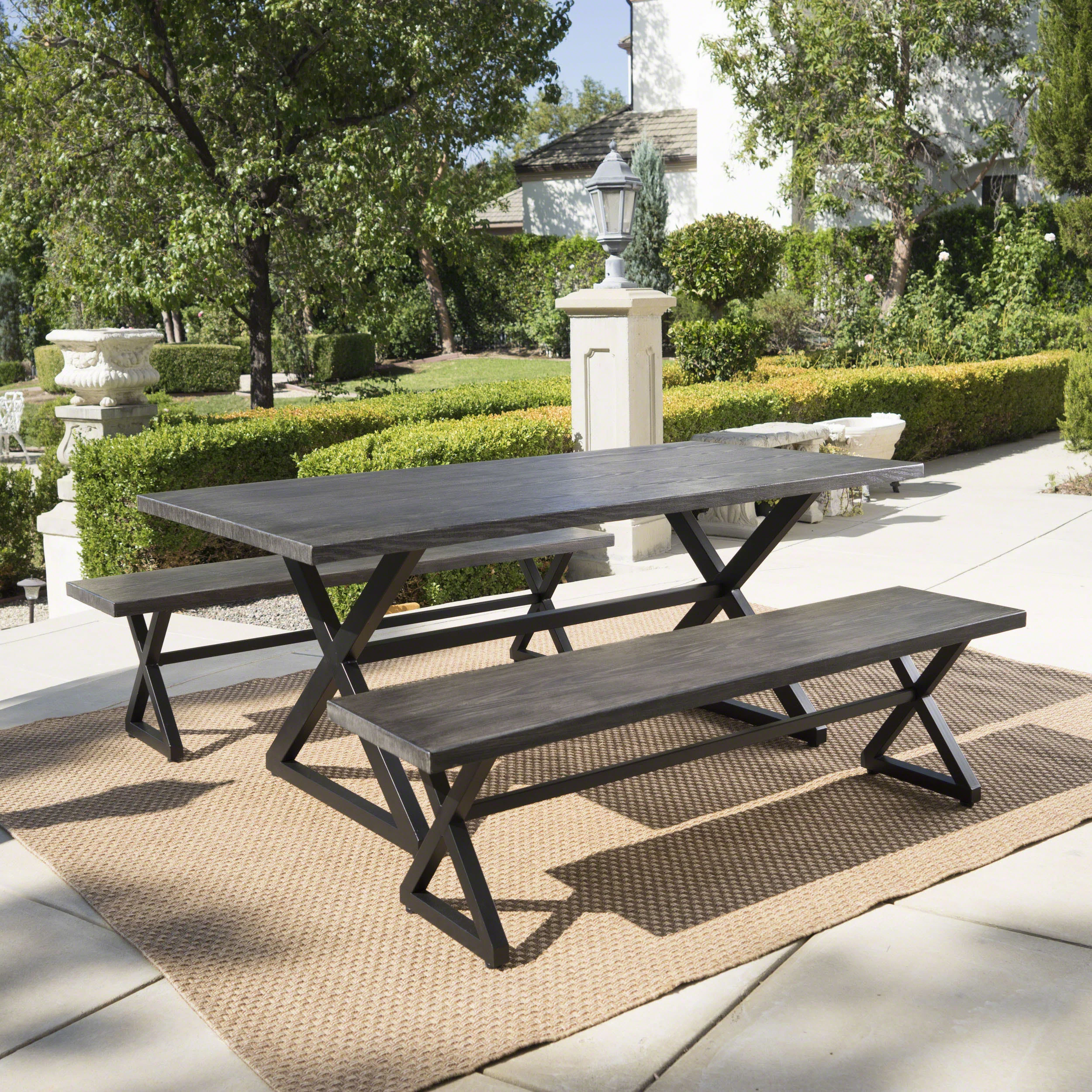 Rosarito Outdoor 3 Piece Aluminum Picnic Set with Black Steel Frame - furnishings