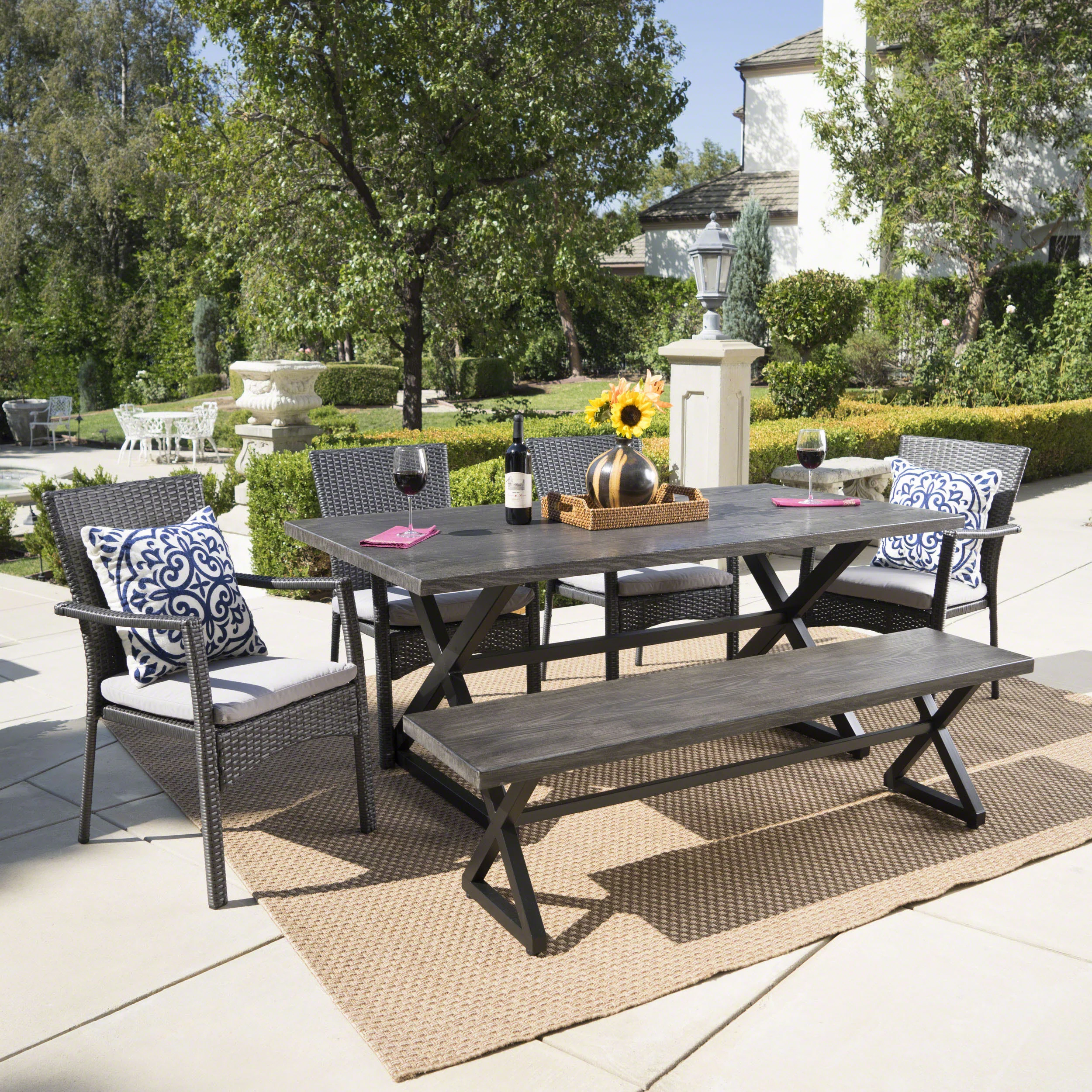 Tripoli Outdoor 6 Piece Aluminum Dining Set with Bench and Wicker Dining Chairs - furnishings
