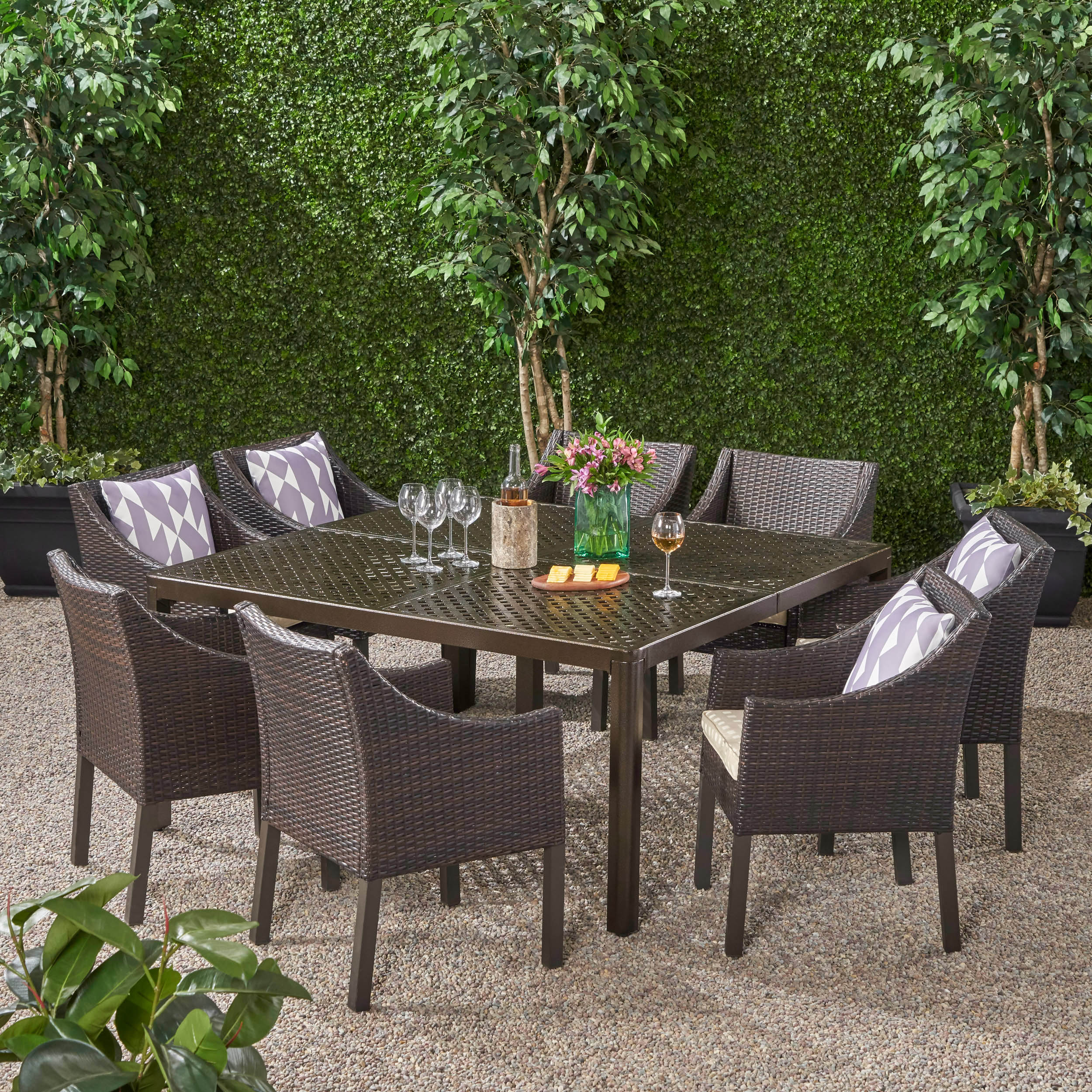 Megan Outdoor Aluminum and Wicker 8 Seater Dining Set - furnishings
