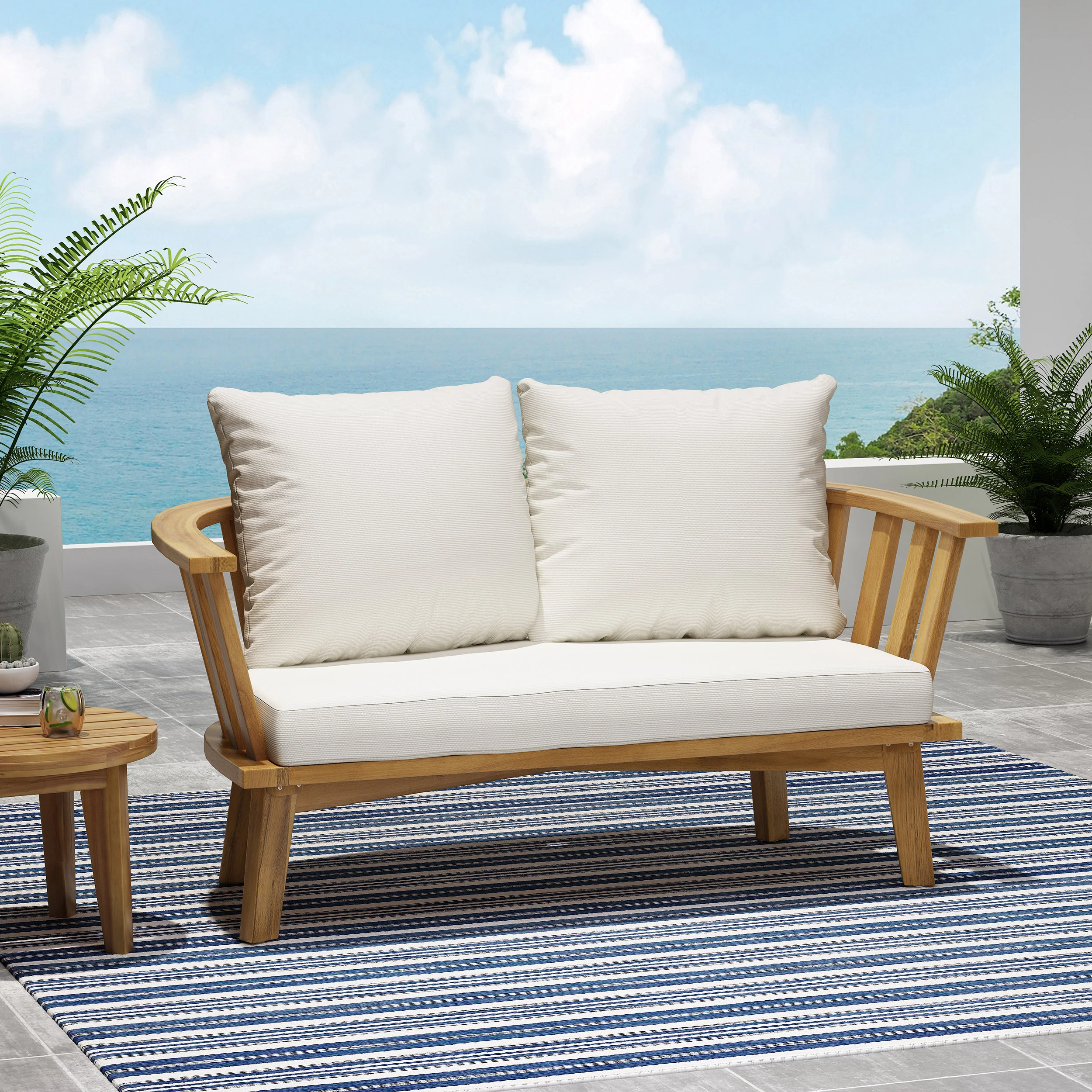 Laiah Outdoor Wooden Loveseat with Cushions - furnishings