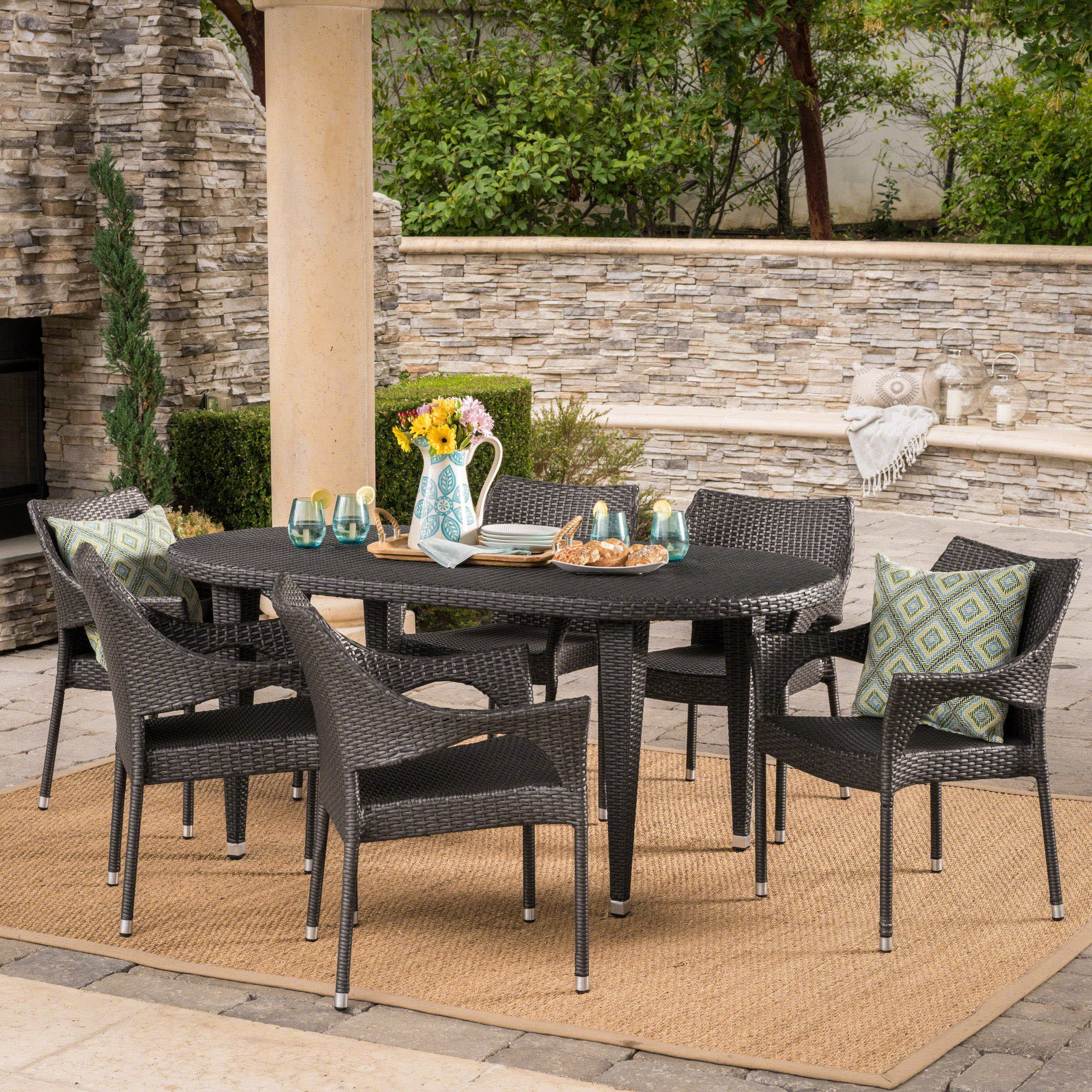 Tills Outdoor 7 Piece Gray Wicker Oval Dining Set with Stacking Chairs - furnishings