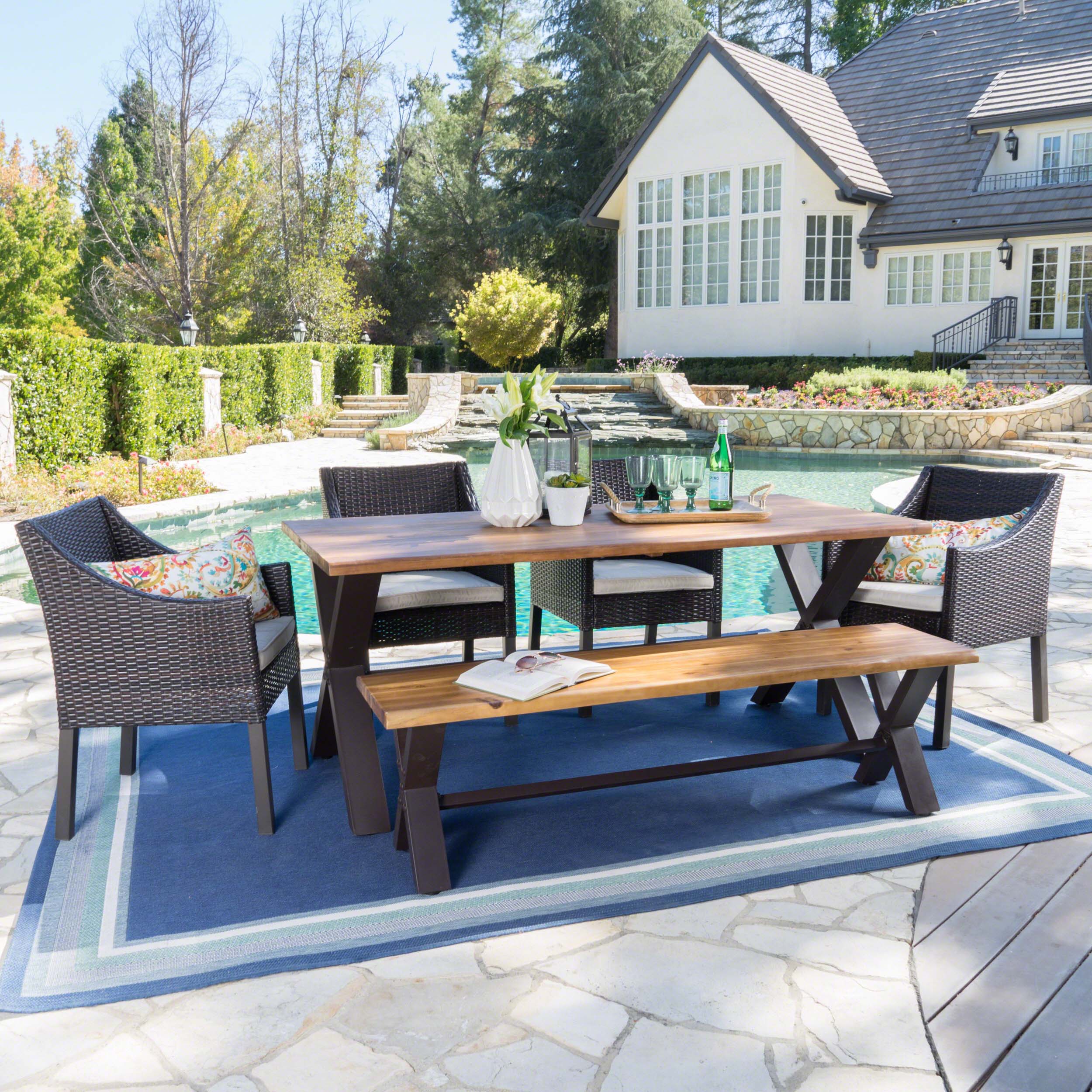 Helen Outdoor 6 Piece Teak Finished Acacia Wood Dining Set - furnishings