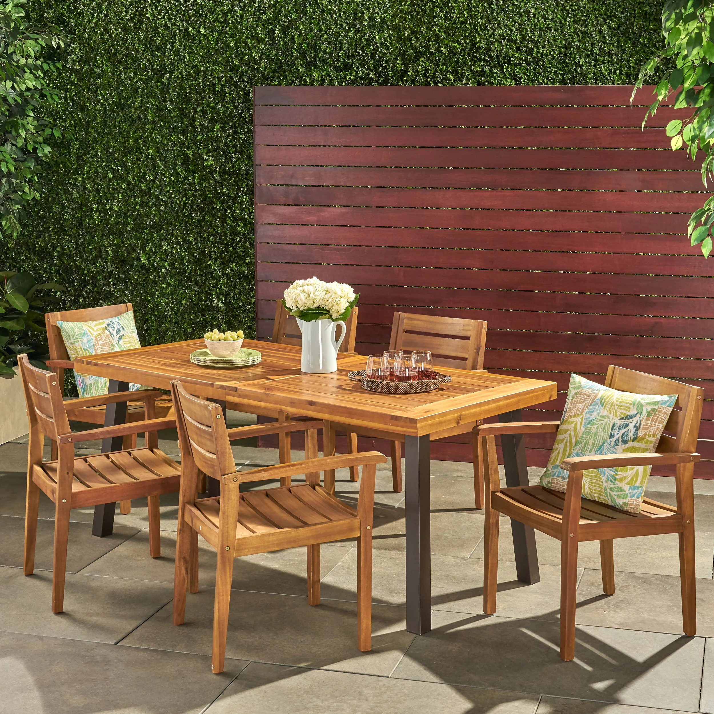 Pomelo Outdoor 7 Piece Teak Finish Acacia Wood Dining Set - furnishings
