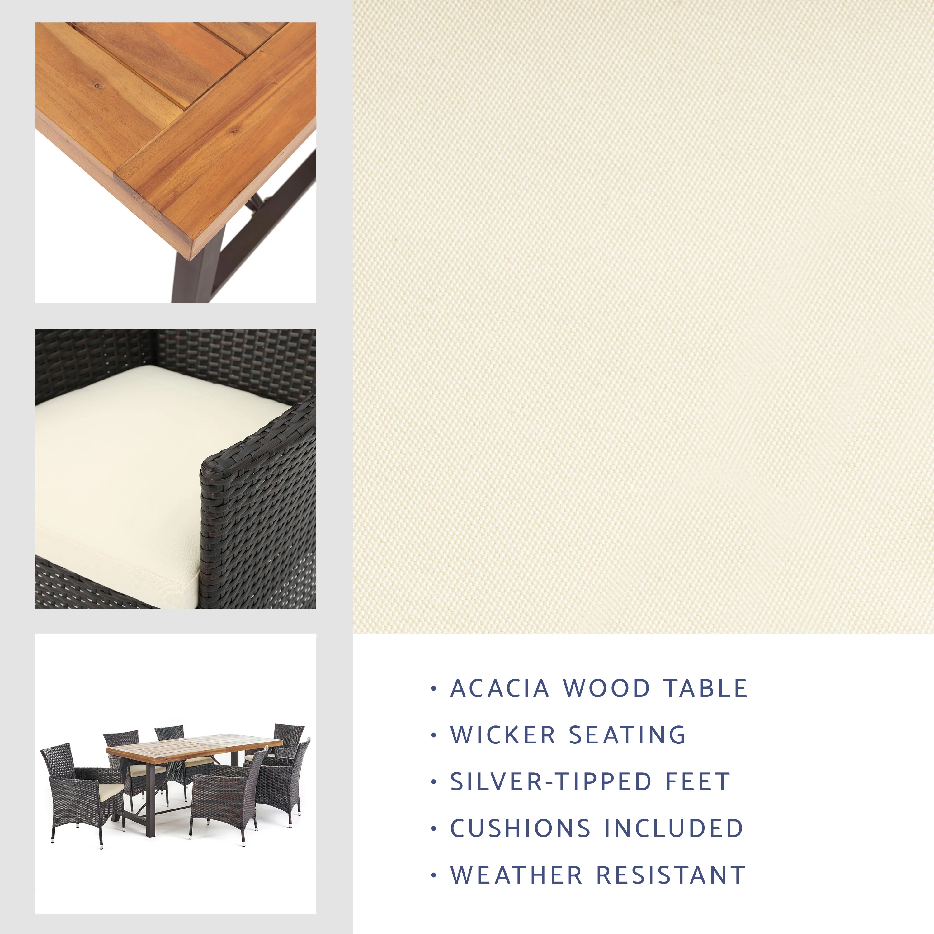 Toretto Outdoor 7 Piece Dining Set with Teak Finished Wood Table and Brown Chairs - furnishings