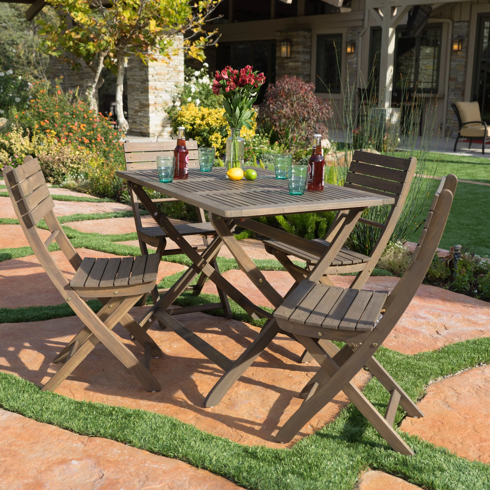 Vicaro Outdoor Grey Finish Acacia Wood Foldable Dining Set - furnishings